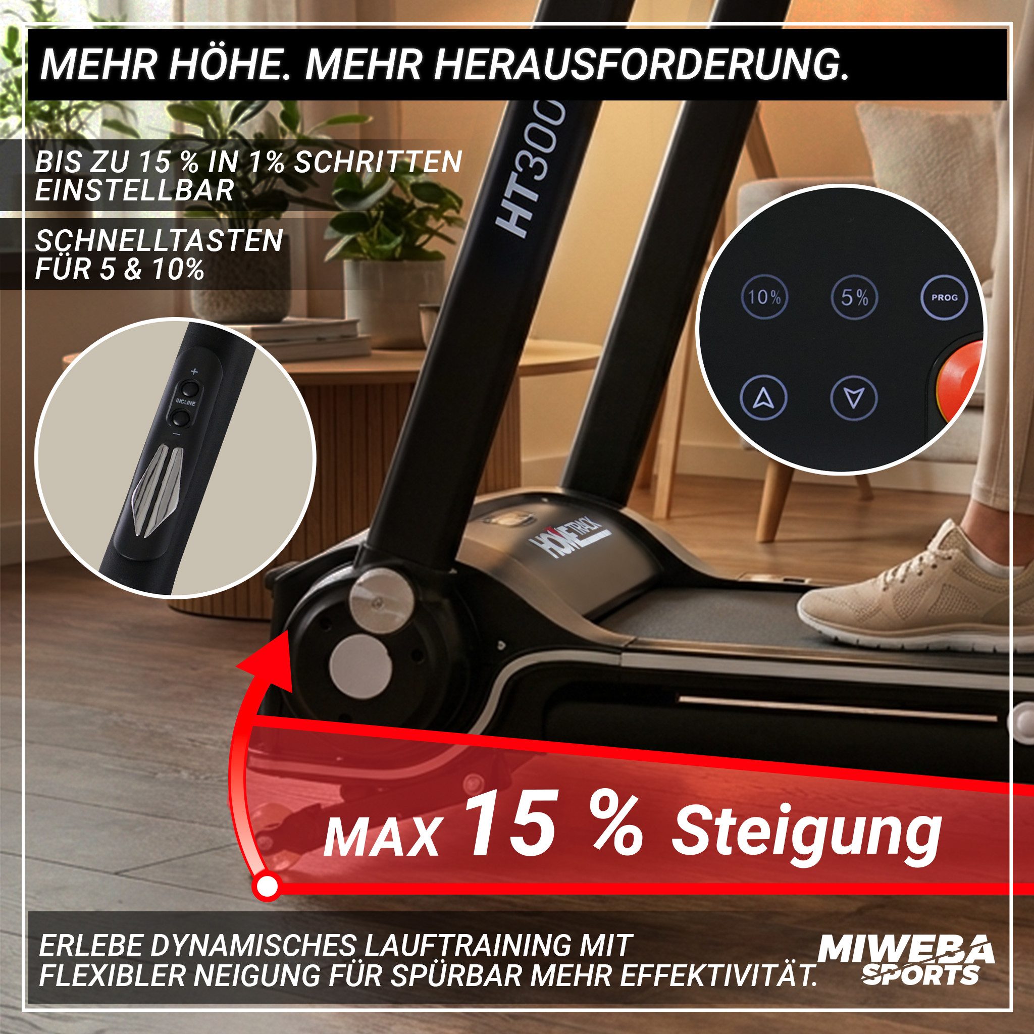 Miweba Sports Laufband klappbar HT3000 - 16 km/h - Laufband mit Steigung 15 % (Laufband, Heimtrainer, Fitnessgerät, Laufband klappbar, Treadmill, Speedrunner, 1-tlg., 12 Laufprogramme, Fitshow-App, Pulsmesser, Safety-Key mit Klemme), Laufband klappbar, Laufband klein für zur Hause, Laufband mit Steigung