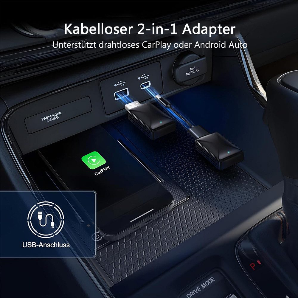TUWENA Wireless Carplay Adapter 2-in-1 für CarPlay/Android Auto mit Type-C Adapter, Adapter Ohne Latenzzeit, Plug-and-Play, Kompatibel mit Fast Jedem Auto – Bild 4 von 5