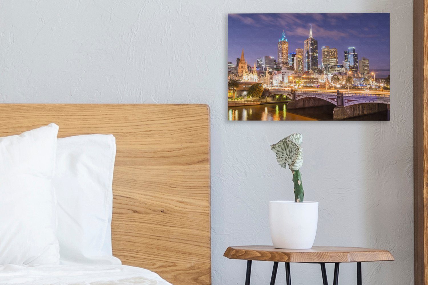 OneMillionCanvasses® Leinwandbild St), Leinwandbilder, cm Aufhängefertig, von (1 30x20 Wanddeko, Nacht, bei Wandbild Skyline Melbourne