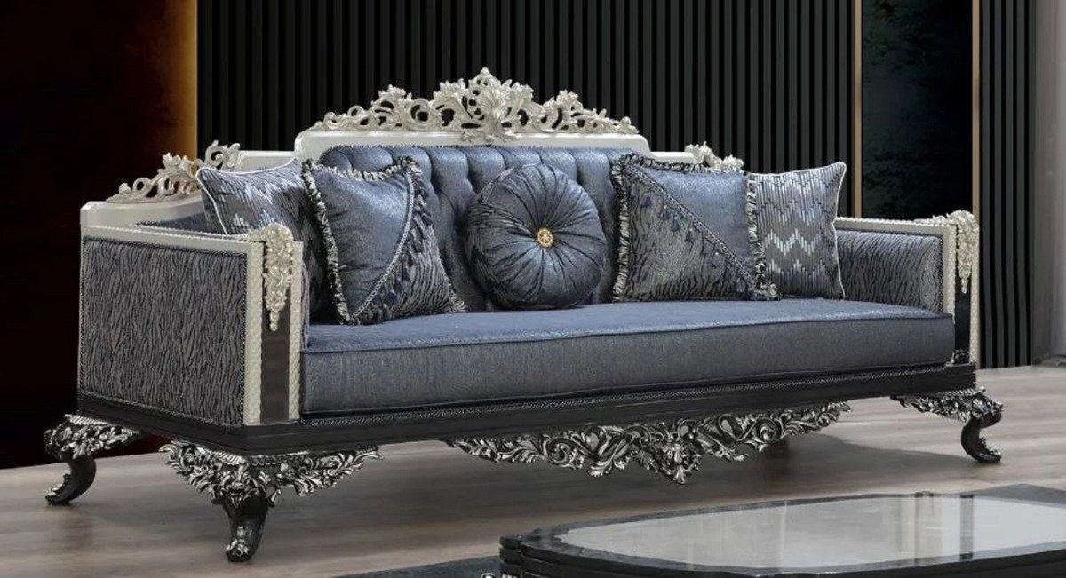 Casa Padrino Sofa Luxus Barock Sofa Blau / Grau / Weiß / Schwarz / Silber - Prunkvolles Wohnzimmer Sofa mit elegantem Muster - Barock Wohnzimmer & Hotel Möbel - Edel & Prunkvoll