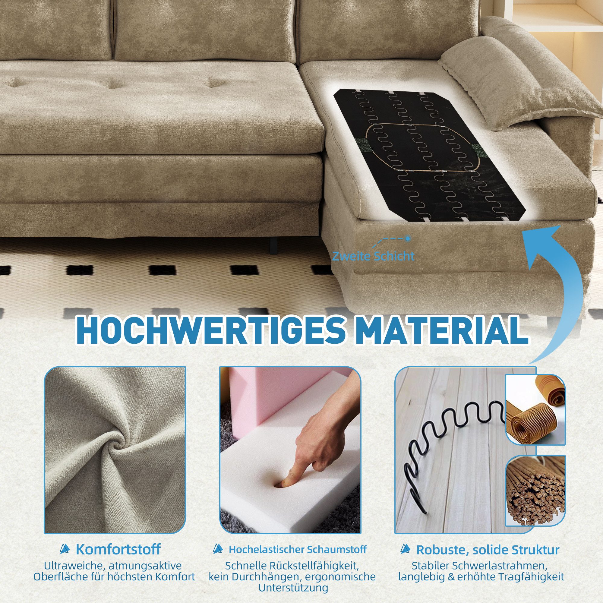 i@home Schlafsofa U-förmiges Sofa, mit Ausziehbett,USB-Ladefunktion, abnehmbaren Armlehnen, 4 Farben