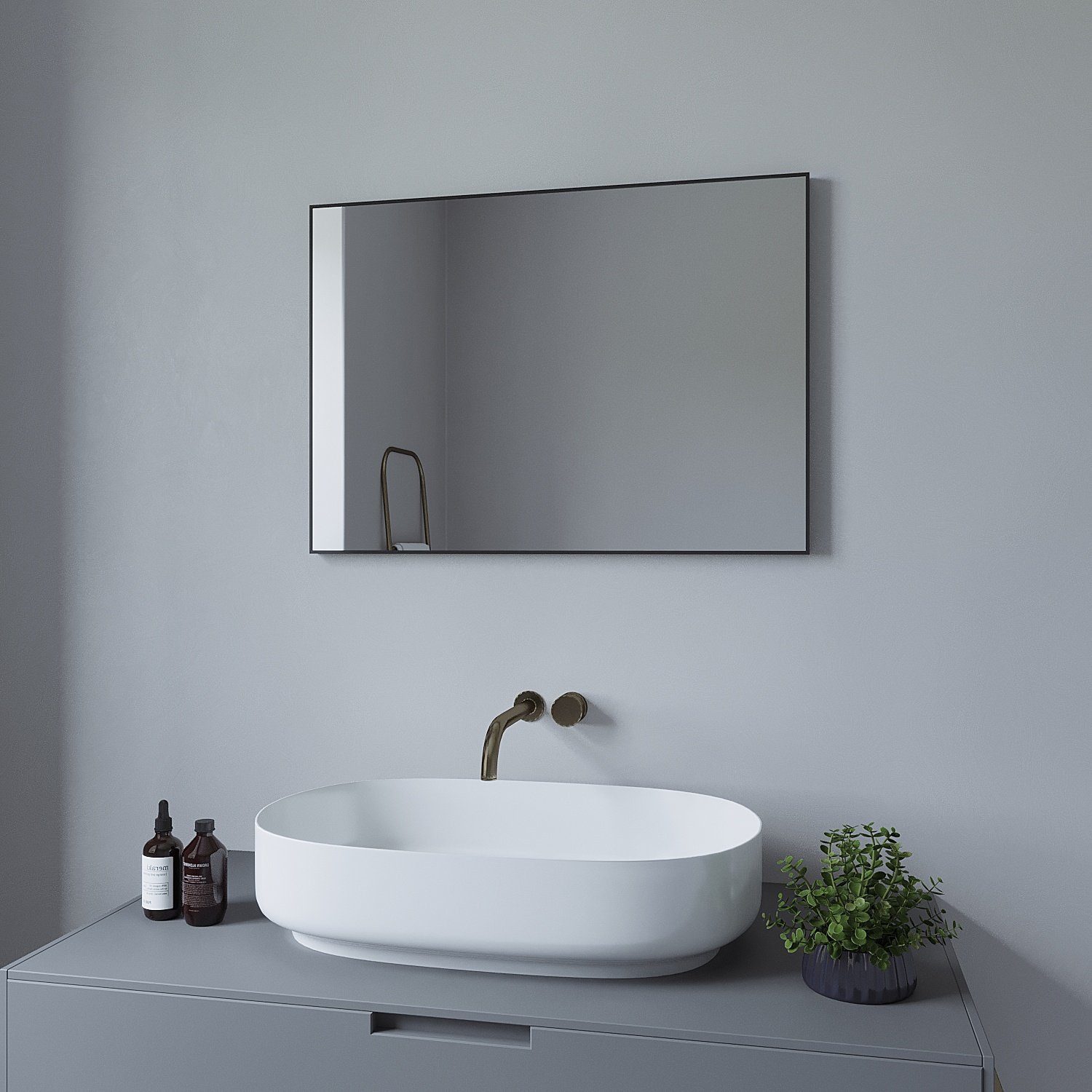 AQUALAVOS Spiegel Wandspiegel Alu-Rahmen 70x50 80x60 100x60cm Vollrahmen in Schwarz matt, ohne Beleuchtung Ultraflaches Design Vertikal /Horizontal möglich
