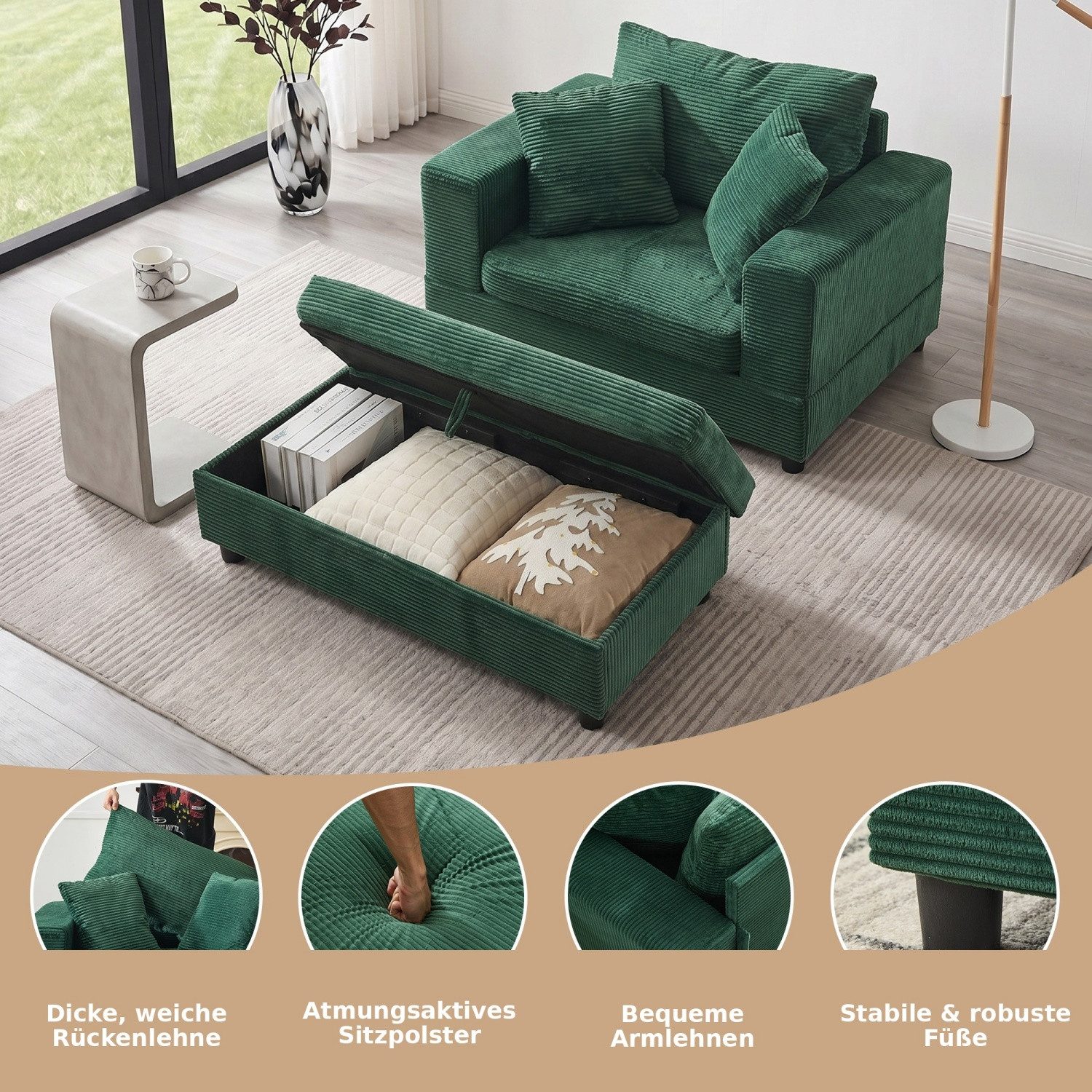 ANYSUN XXL-Sessel Loveseat mit Stauraumhocker, breiter Sitzfläche & 3 Rückenkissen (2-St), Cordsessel mit gepolsterten Armlehnen für Wohnzimmer & Leseecke,Grün – Bild 2 von 5