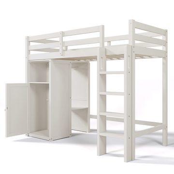 Sweiko Kinderbett Hochbett (mit Kleiderschrank und Regalen,Kinderbett mit Lattenrost und Rausfallschutz), Einzelbett 90x200 cm,Weiß
