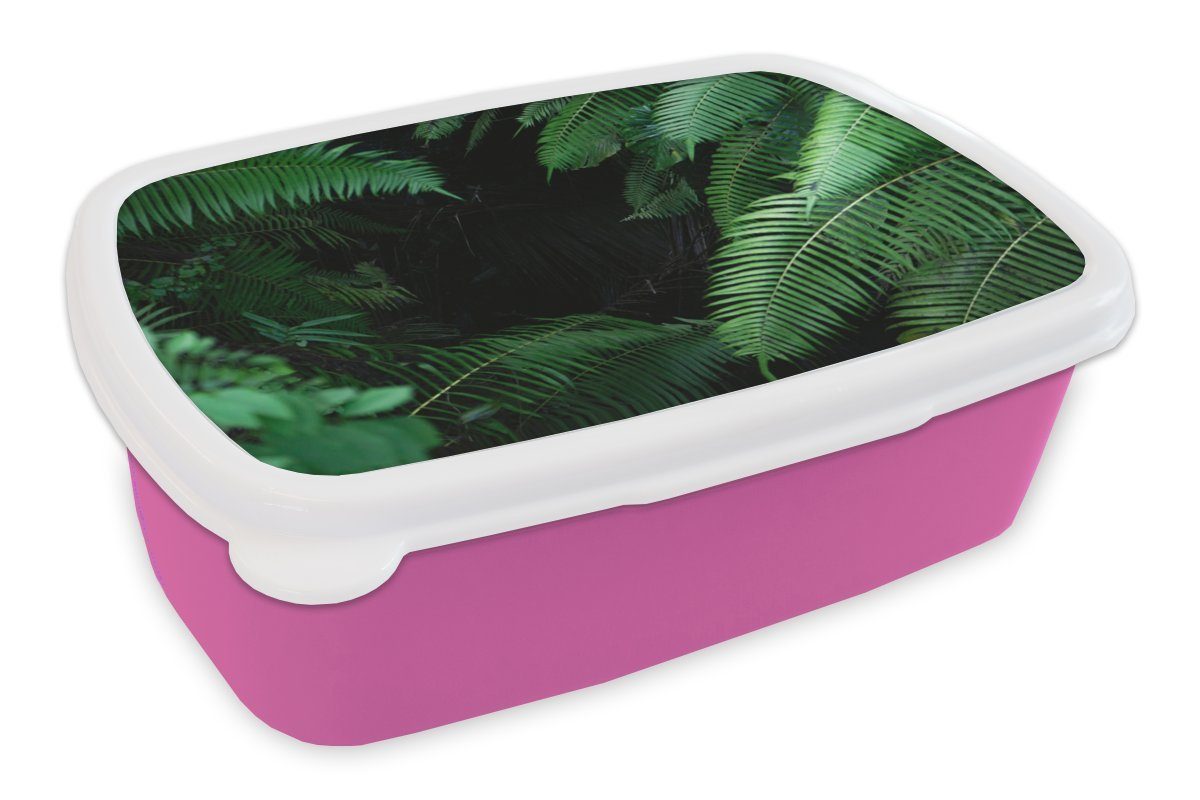 Brotbox MuchoWow Lunchbox Regenwald, (2-tlg), Mädchen, Brotdose Farne Snackbox, rosa Kunststoff, Erwachsene, Kinder, für im Kunststoff Tropische