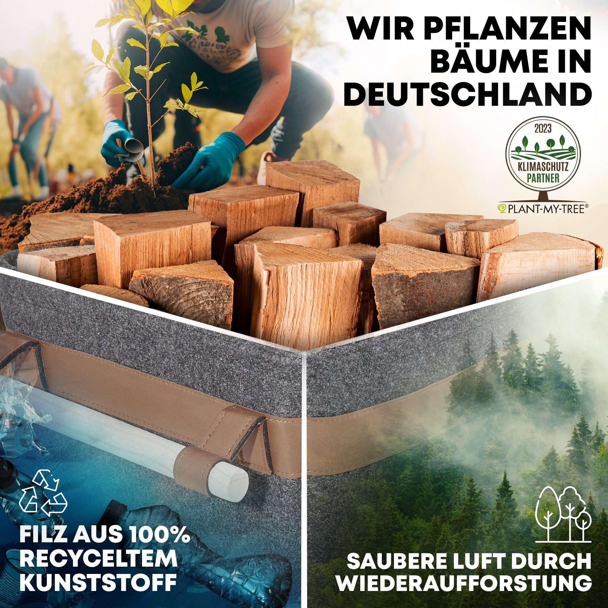 OAKAGE Kaminholzkorb Holzkorb für Kaminholz Feuerholzkorb Brennholzkorb Kaminkorb Filzkorb, Schmutzabweisendes Innenfutter und Lederboden