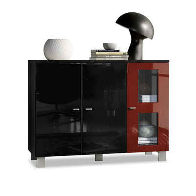 Vladon Sideboard Denjo (Kommode, mit 3 Türen), Schwarz matt/Schwarz Hochglanz/Bordeaux Hochglanz (107 x 81 x 35 cm)