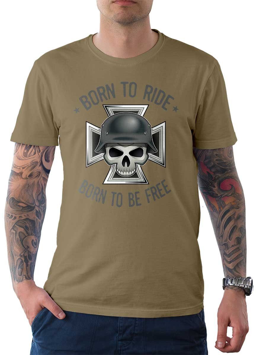 Rebel On / Motiv German Skull Born Herren Biker Khaki T-Shirt Tee mit T-Shirt Wheels Motorrad Ride To