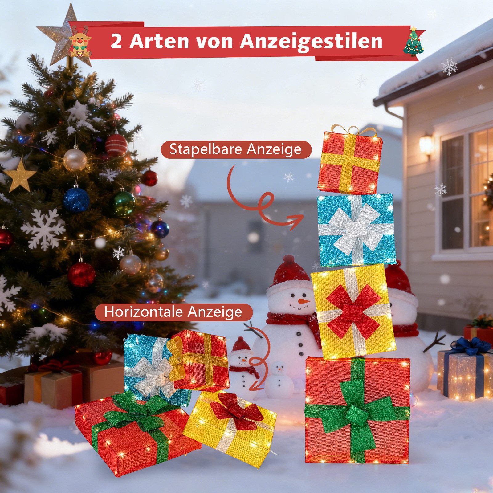 COSTWAY Weihnachtsfigur, LED Geschenkbox, Weihnachtsdeko, gestapelt