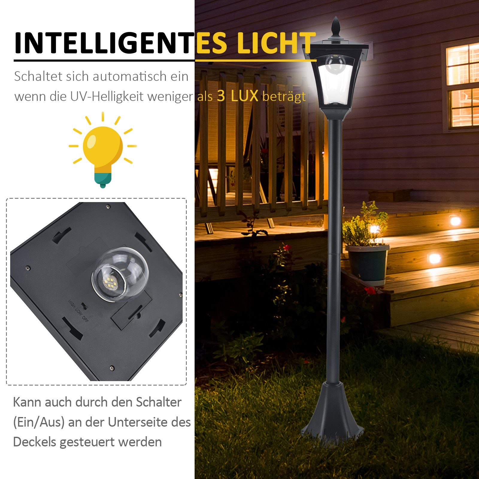 B18 Lumen Laterne LED, Gartenlaterne x 40 H160cm LED Outsunny Wegleuchte Solar mit Gartenleuchte x Schwarz, LED L18