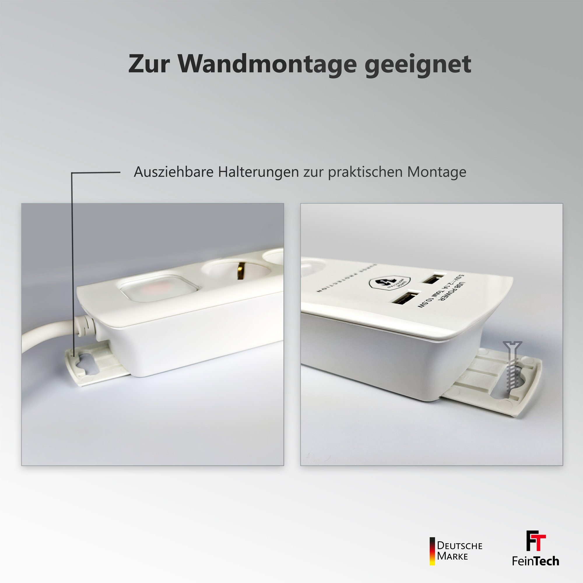 FeinTech Mehrfachsteckdose 4-fach (Ein- / Ausschalter, USB-Anschlüsse, Schalterbeleuchtung, Überspannungschutz, Kabellänge 1.5 m), Flachstecker