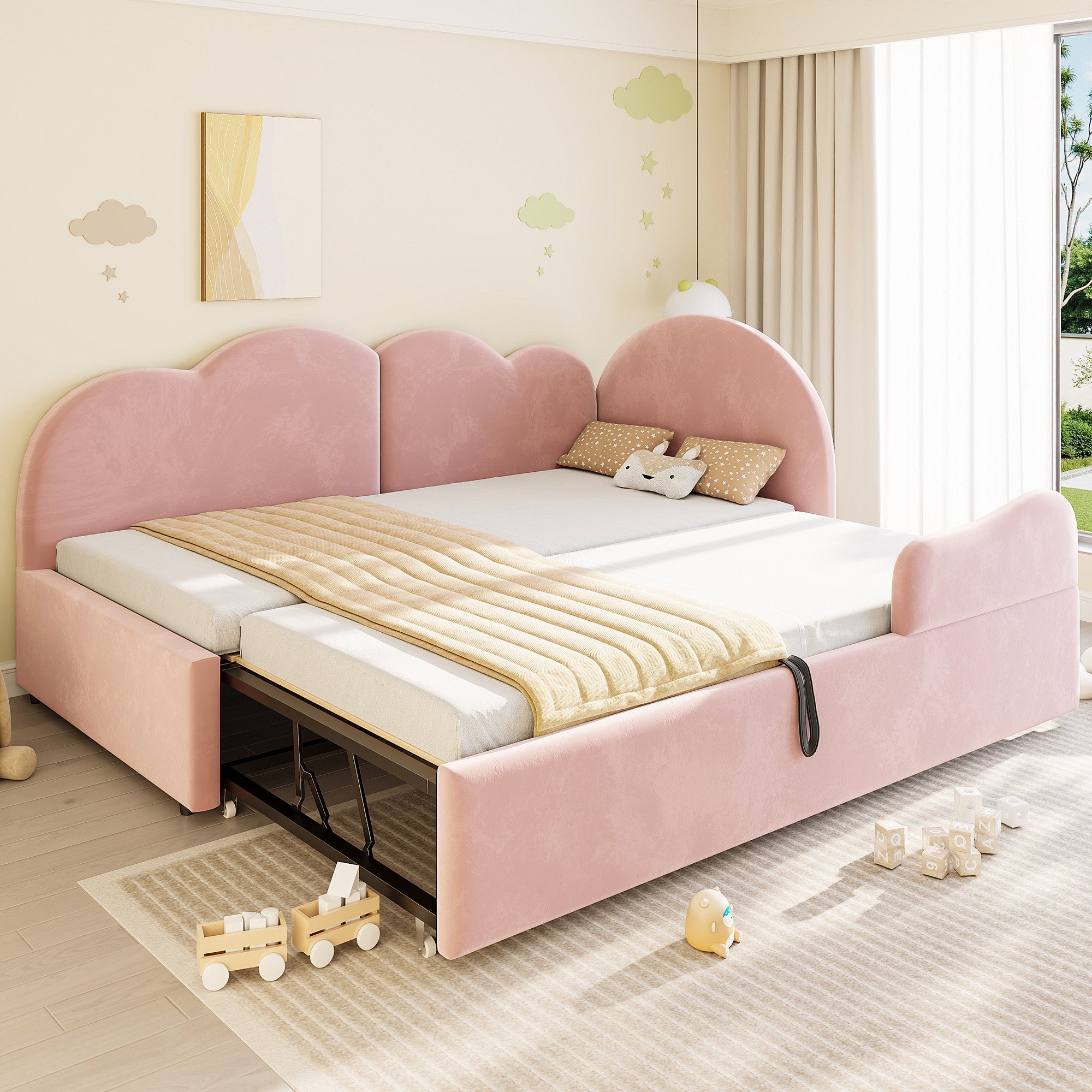 Flieks Polsterbett, L-Form Daybett 90/180x200cm mit Ausziehbett und Kopfteil in Wolkenform
