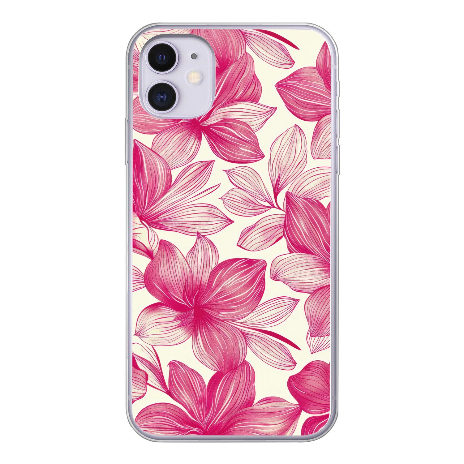 MuchoWow Handyhülle für Apple iPhone 11 Blumen - Muster - Rosa - Weiß, Smartphone-Bumper, Print, Handy Schutzhülle Dünn