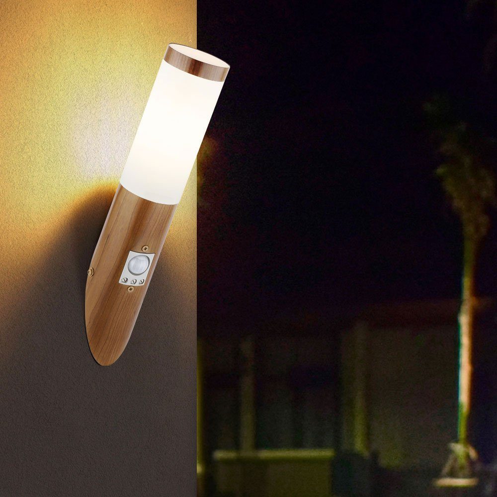 mit Leuchtmittel Bewegungsmelder etc-shop Außenwandlampe Fackel Wandleuchte Edelstahl Außen-Wandleuchte, Warmweiß, inklusive, Braun Garten