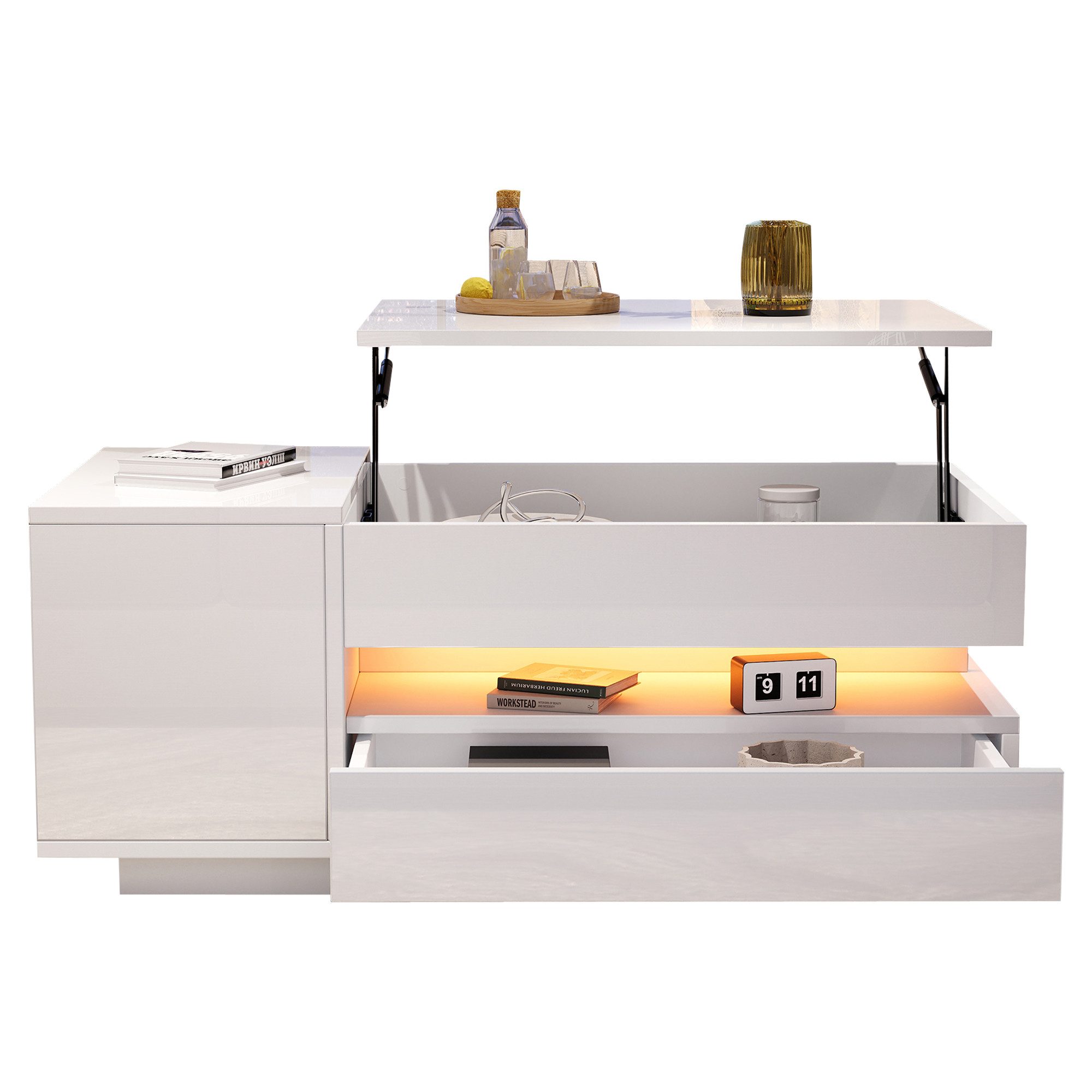 Merax Couchtisch anhebbarer Sofatisch hochglanz Beistelltisch mit LED-Beleuchtung (hydraulische Hebefunktion, modern & funktional, 1-St., Höhenverstellbare Tischplatte), Wohnzimmertisch mit Schublade, Schrank & versteckter Stauraum