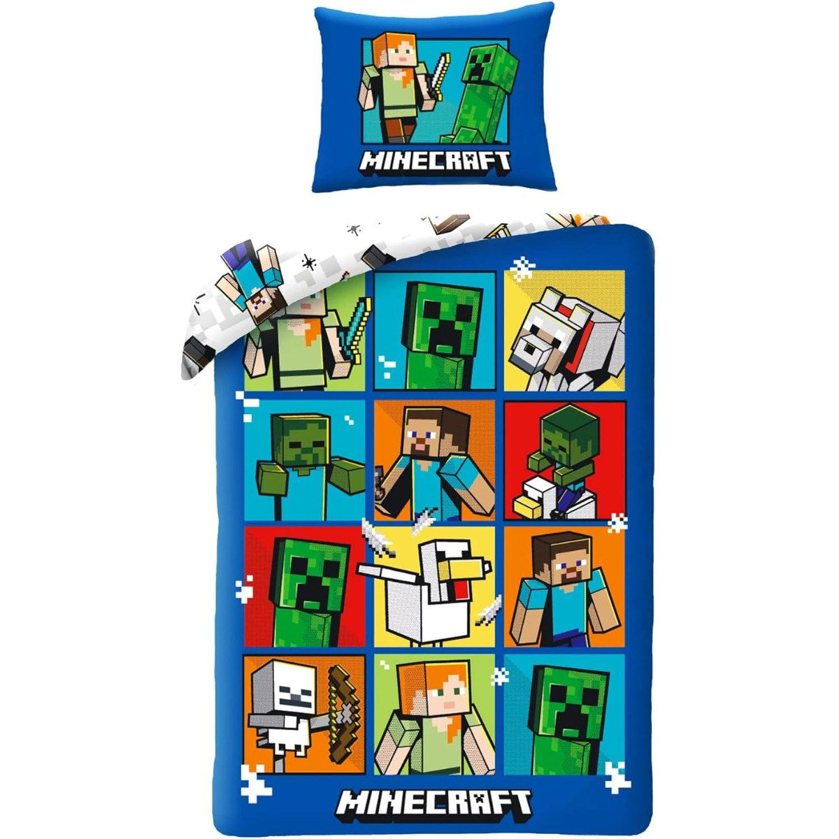 Minecraft Bettwäsche Set aus Baumwolle Deckenbezug 140 × 200 cm mit 70 × 90 cm Kissenbezug, Baumwolle, 2 teilig