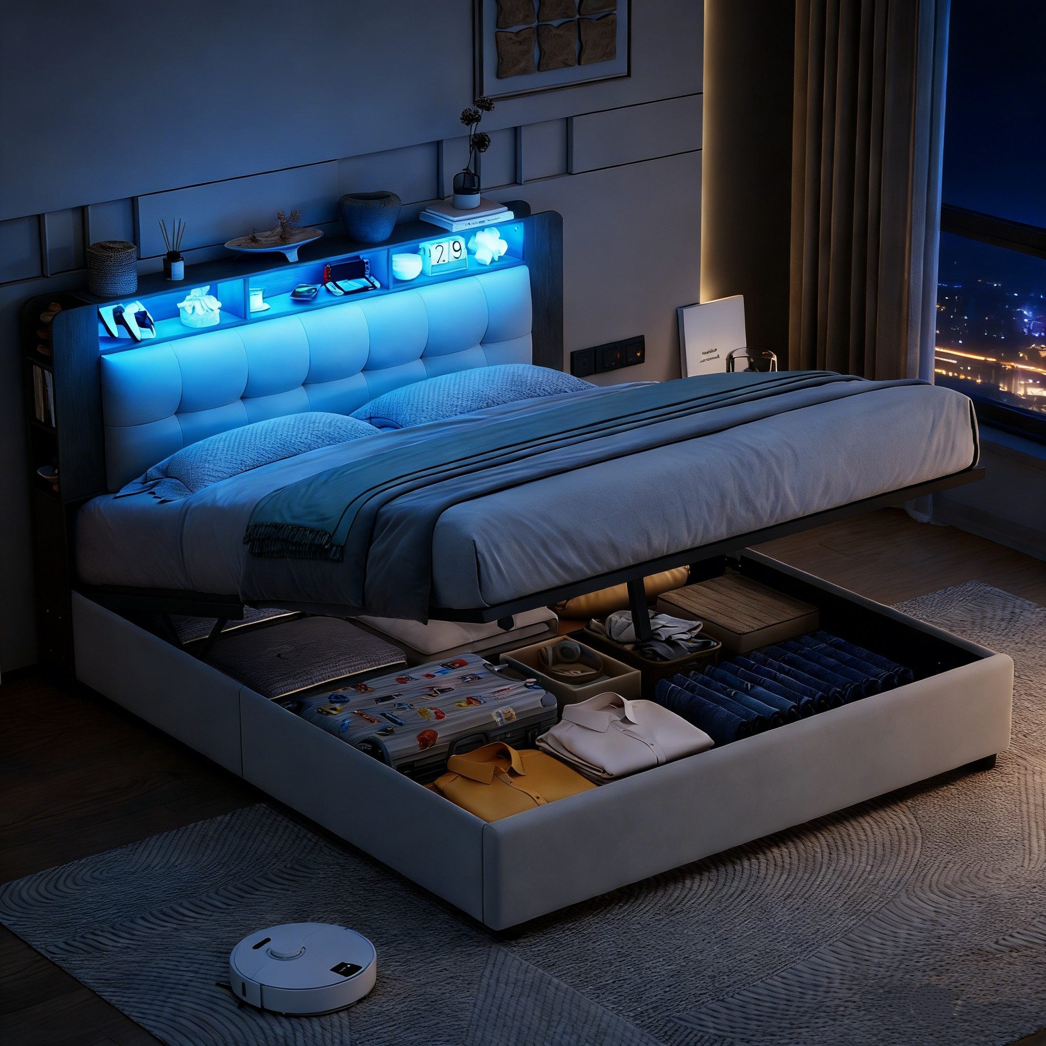 PXloue Polsterbett LED hydraulisches Doppelbett (Kopfteil mit integrierter günstig online kaufen