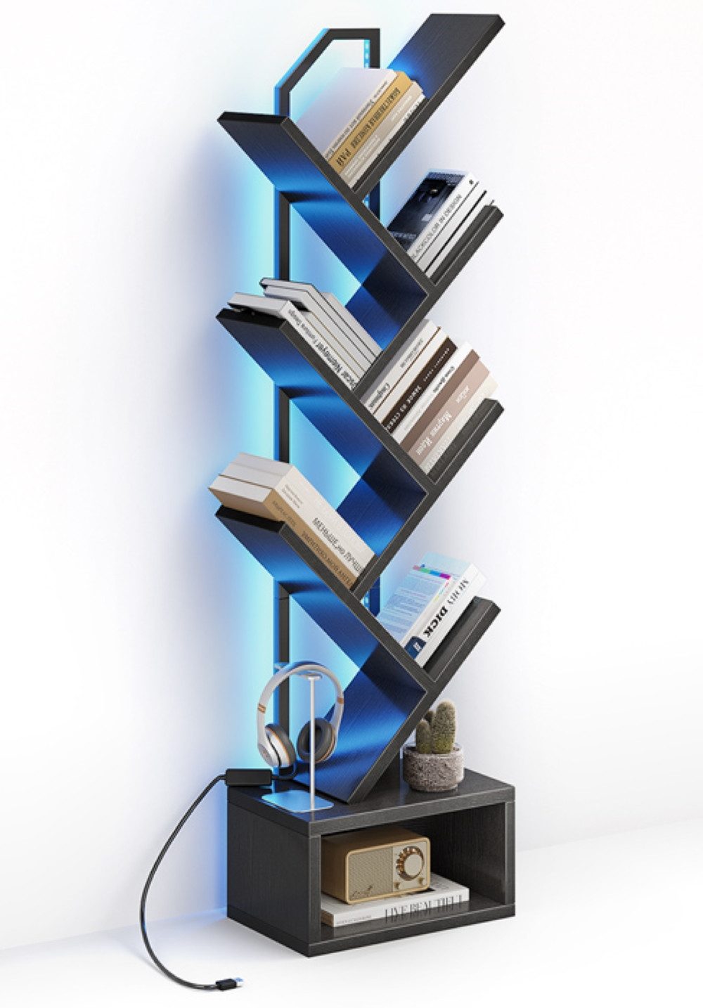 ODK Bücherregal in baumförmiger Optik, 6 offene Regale in Schwarz/Weiß, 1-tlg., mit integriertem LED-Lichtband – Ideal für Wohnzimmer & Schlafzimmer