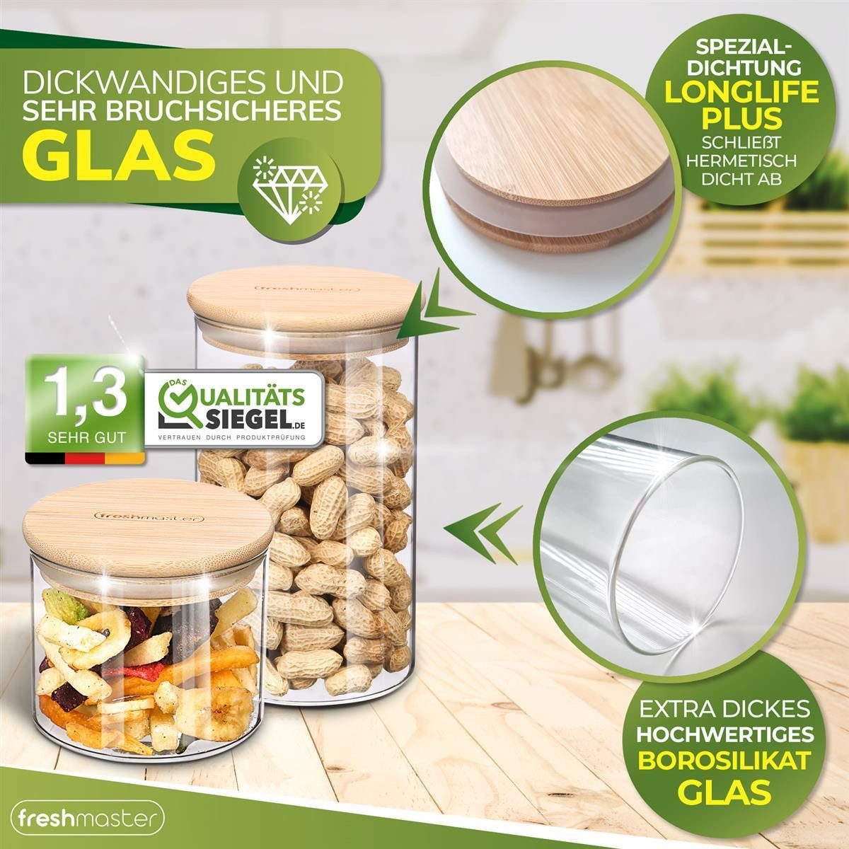 Fresh Master Vorratsglas Vorratsdosen Glas mit Bambus-Deckel, Borosilikatglas, (12-tlg), Vorratsgläser mit Bambusdeckel für luftdichte Aufbewahrung – Bild 4 von 5