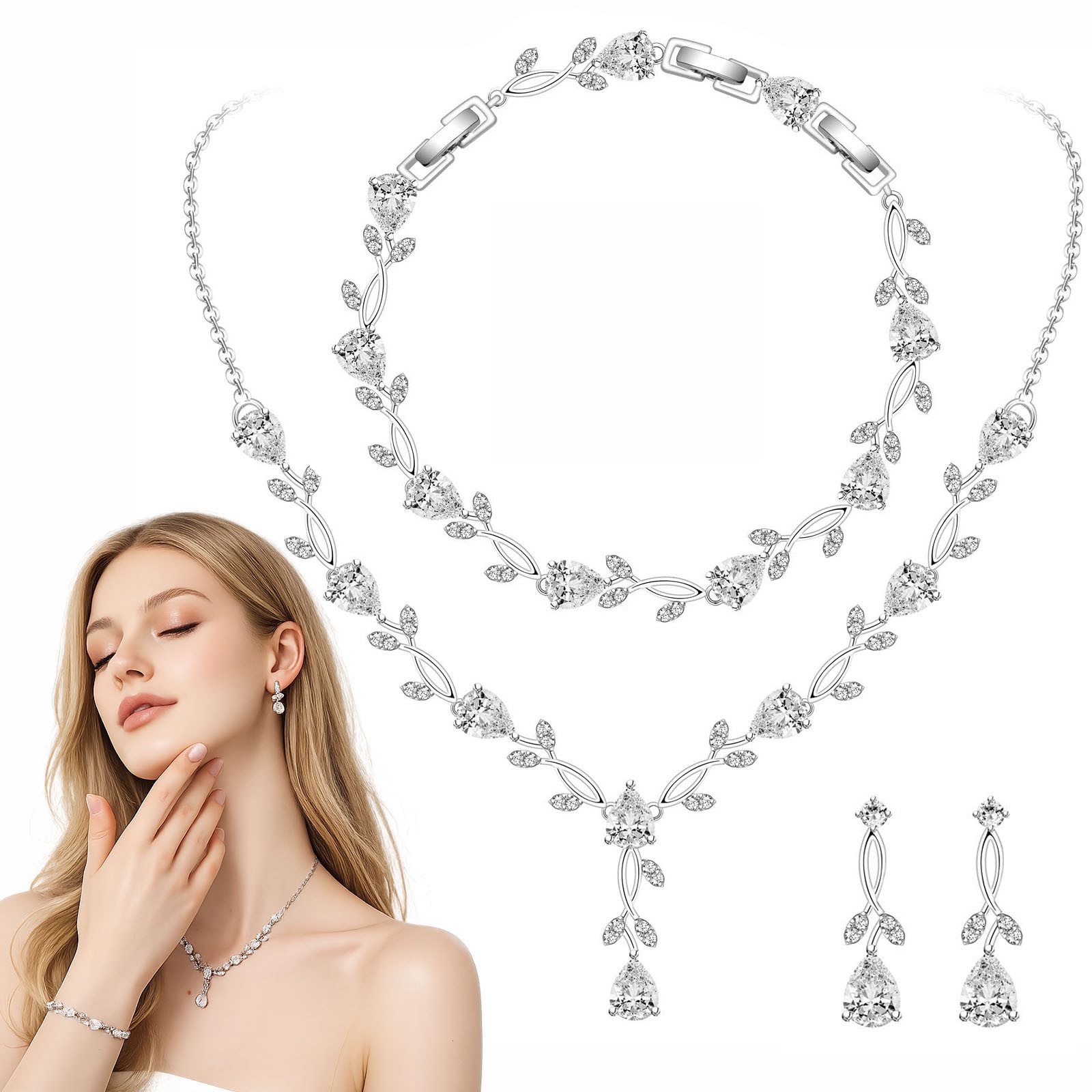 MOPUEA Schmuckset 3-teiliges Glitzer-Schmuckset, Halskette, Armband & Ohrringe (für Hochzeit, Abendparty & Prom, 3-tlg., mit Kristall/Zirkonia, Brautschmuck), Hochzeitsschmuck-Sets, Brautjungfern-Schmuck-Sets