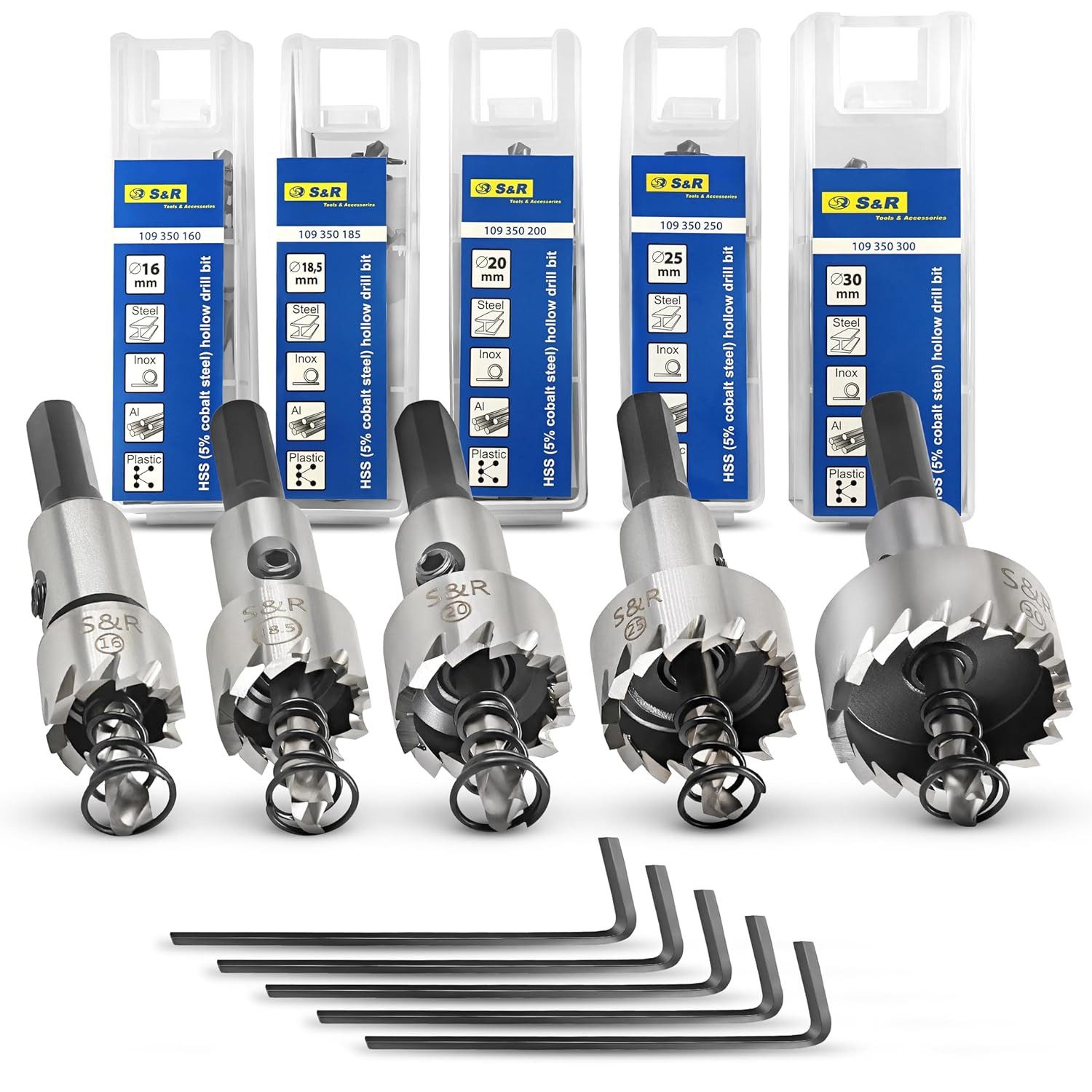 S&R Lochsäge HSS COBALT Stahl, 5% Kobalt-legiert, M35, HRC 64-66, Combo-Verzahnung, Set, 5-tlg., 5 teilig: 16 / 18,5 / 20 / 25 / 30 mm, Lochsägen-Satz für Metalle, Stahl, Edelstahl, Aluminium, Kunststoffe