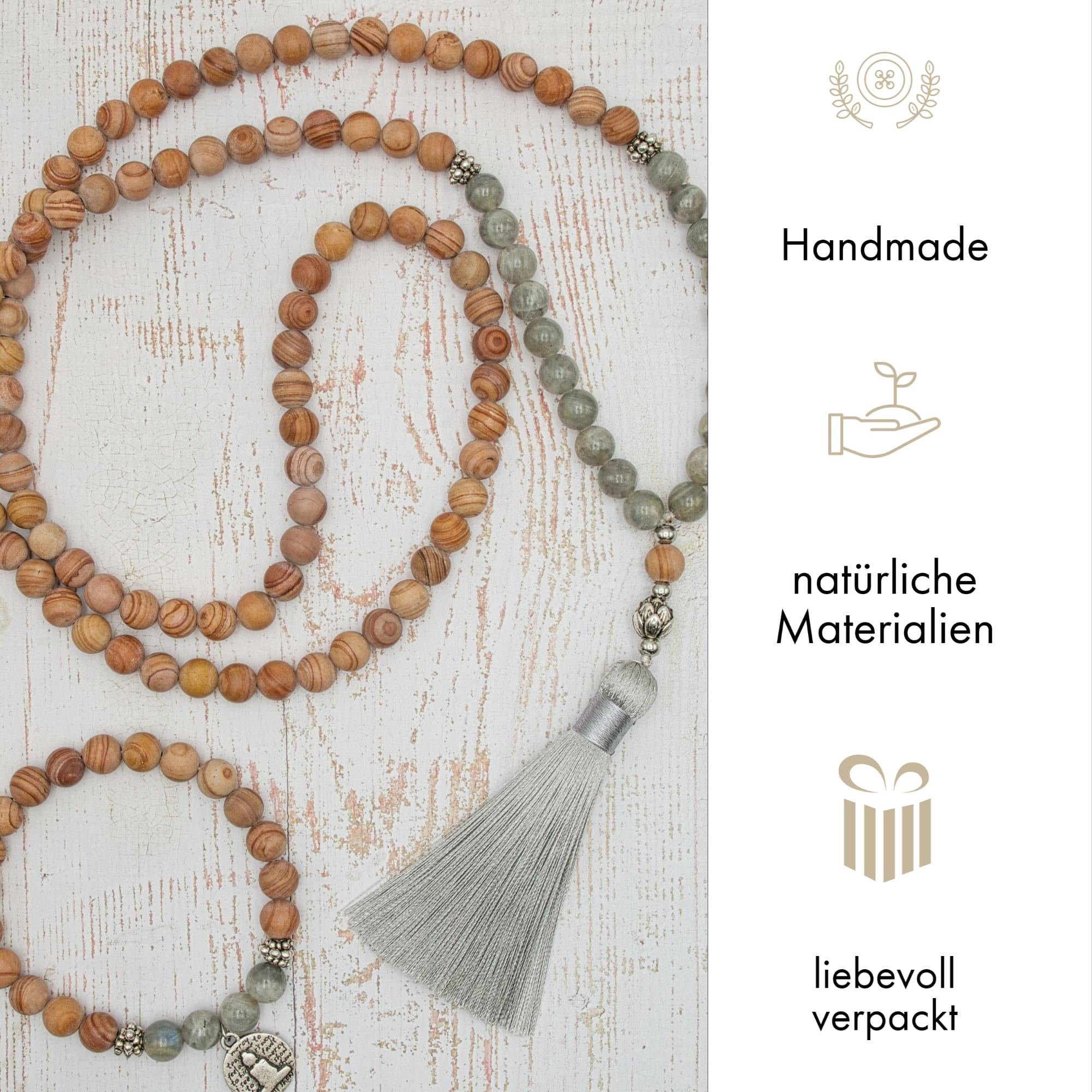 Damen Schmuck BENAVA Perlenkette Mala Kette 108 Perlen - Labradorit Set mit Armband, Handgemacht