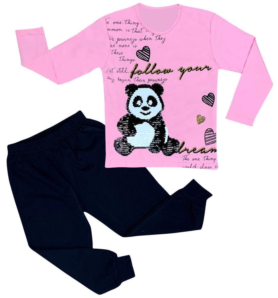 Hochwertige Qualität LOREZA Pyjama Mädchen Pyjama langarm 2 tlg) Schlafanzug Baumwolle Set Hausanzug Panda Rosa (Set