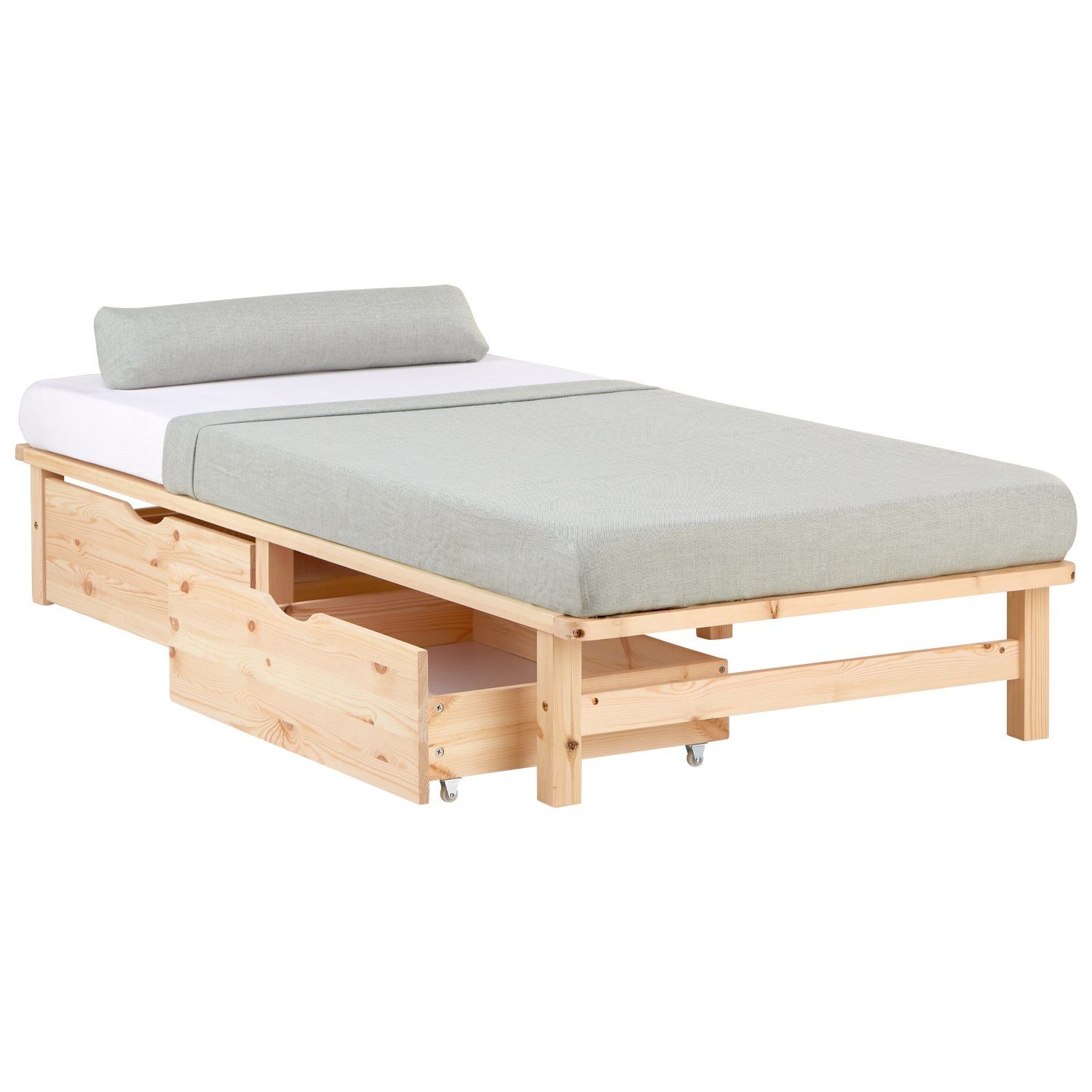 Homestyle4u Holzbett Palettenbett Holz Kiefer Futonbett Bettgestell Bett mit Stauraum (Set, mit Lattenrost, 2x Bettkasten/Schublade, mit Lattenrost, 2x Bettkasten/Schublade), 90x200, naturbelassen, mit Lattenrost