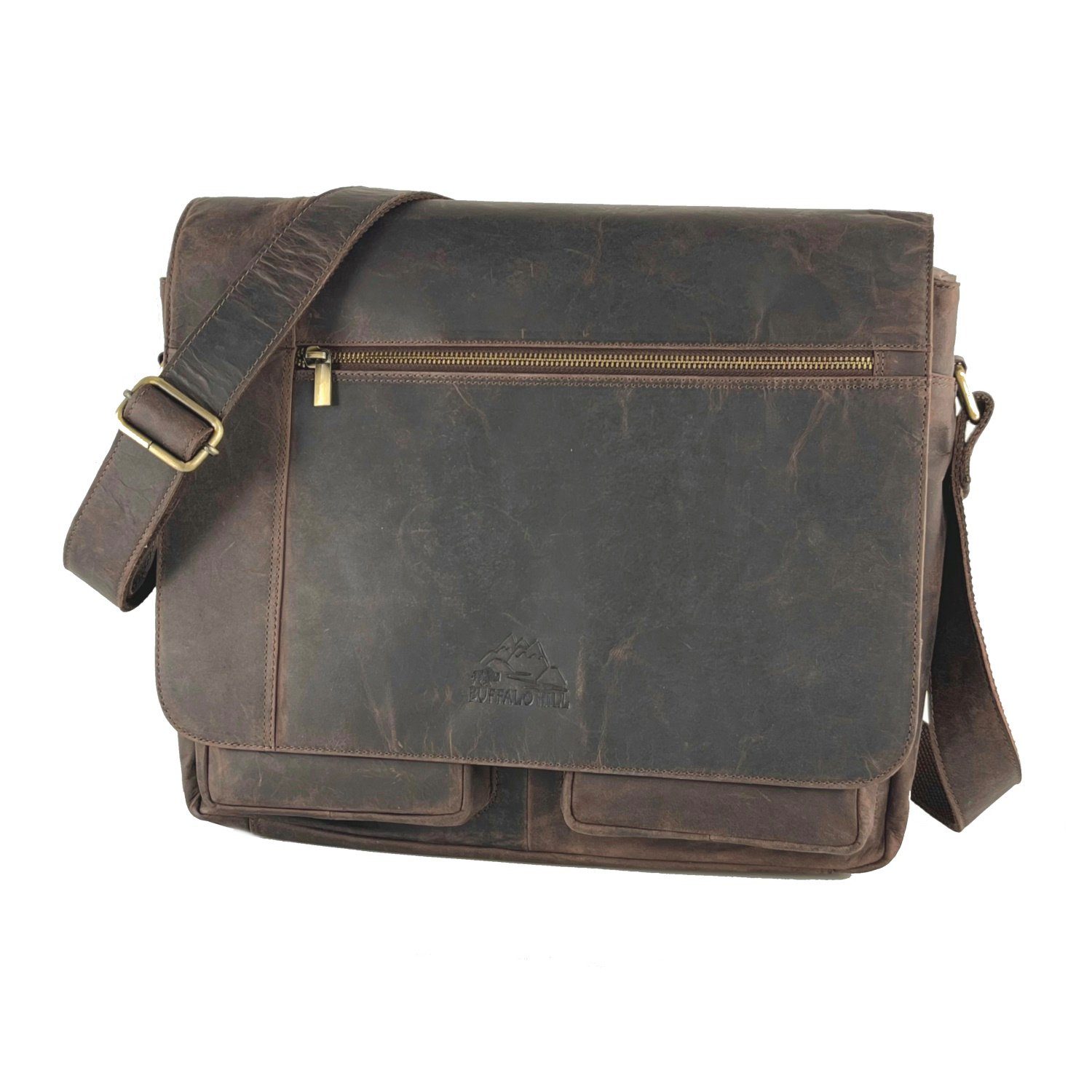 Buffalo Hill Aktentasche >2474< elegante Laptoptasche aus reinem Büffelleder, Organizer, Herren Umhängetasche in braun