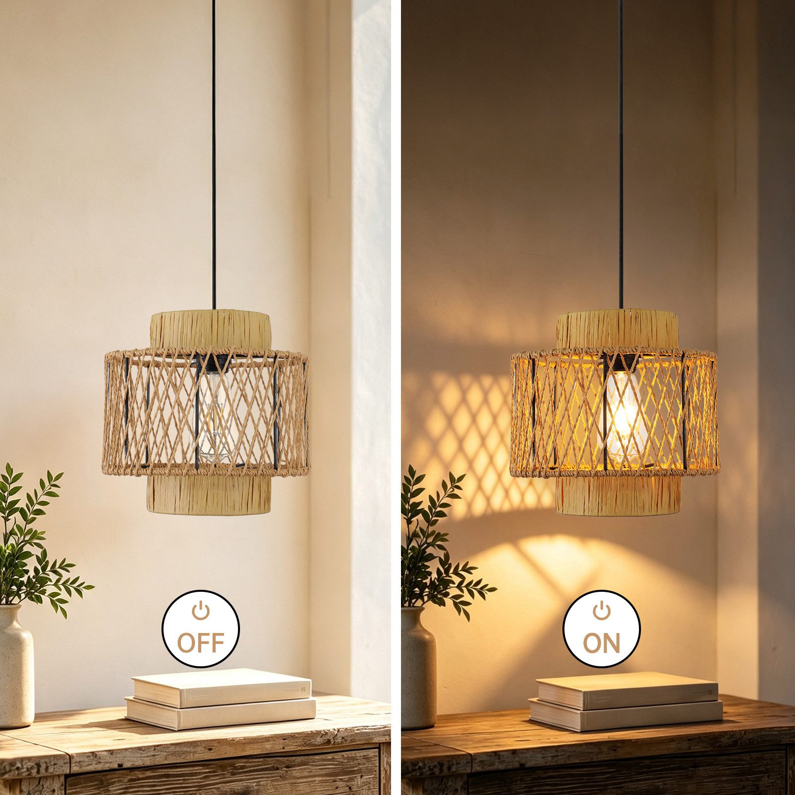 JDONG Pendelleuchte esstisch lampenschirm Hängelampe Ø26cm E27, ohne Leuchtmittel, Beige Papierflechten Beleuchtung Dekoration,schlafzimmerlampe, Vintage,Dekora – Bild 4 von 5