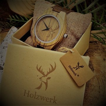 Holzwerk Quarzuhr HIRSCHBERG Damen & Herren Leder & Holz Uhr mit Hirsch Logo, braun