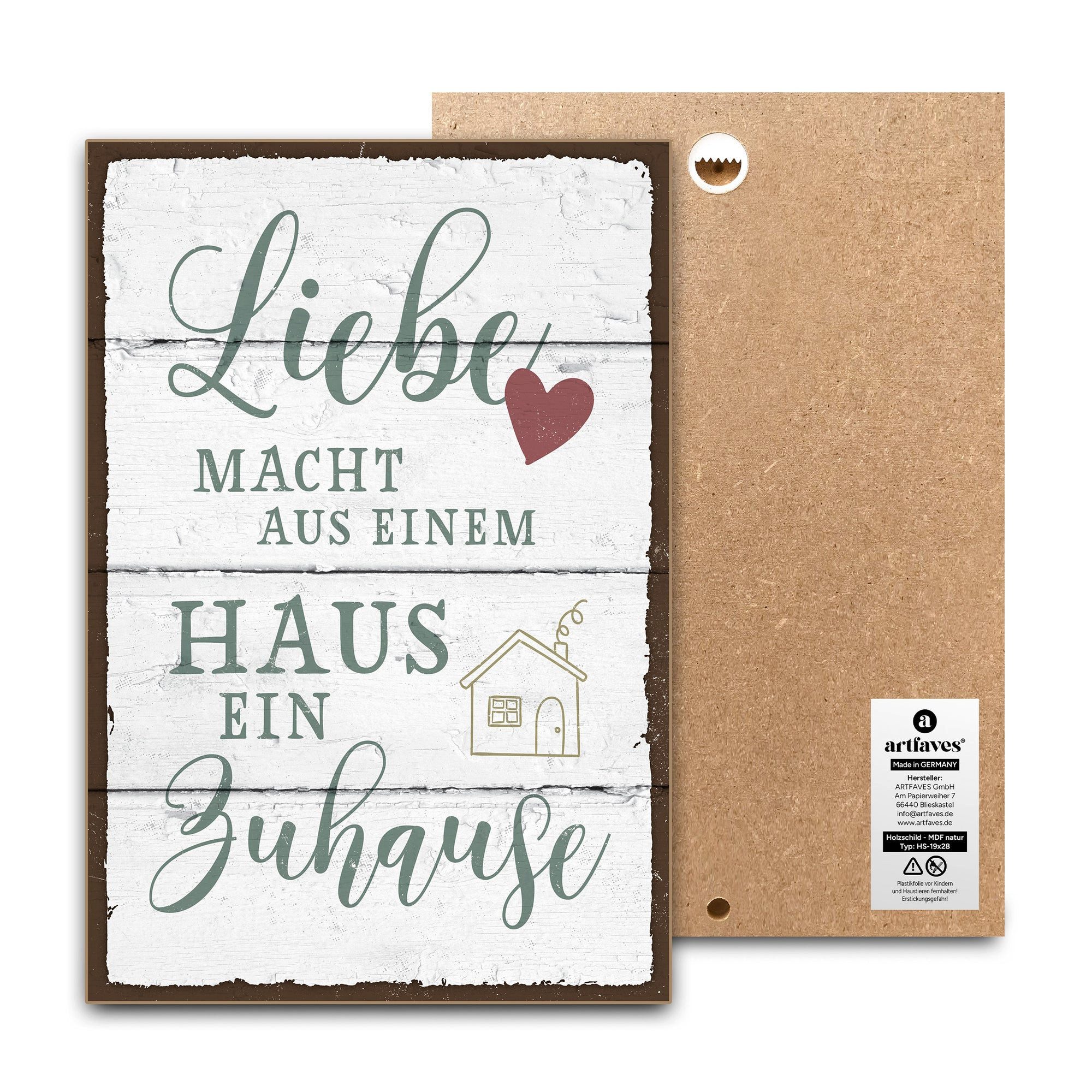 ARTFAVES Holzbild Schild mit Spruch - Liebe macht aus einem Haus ein Zuhause - Familie