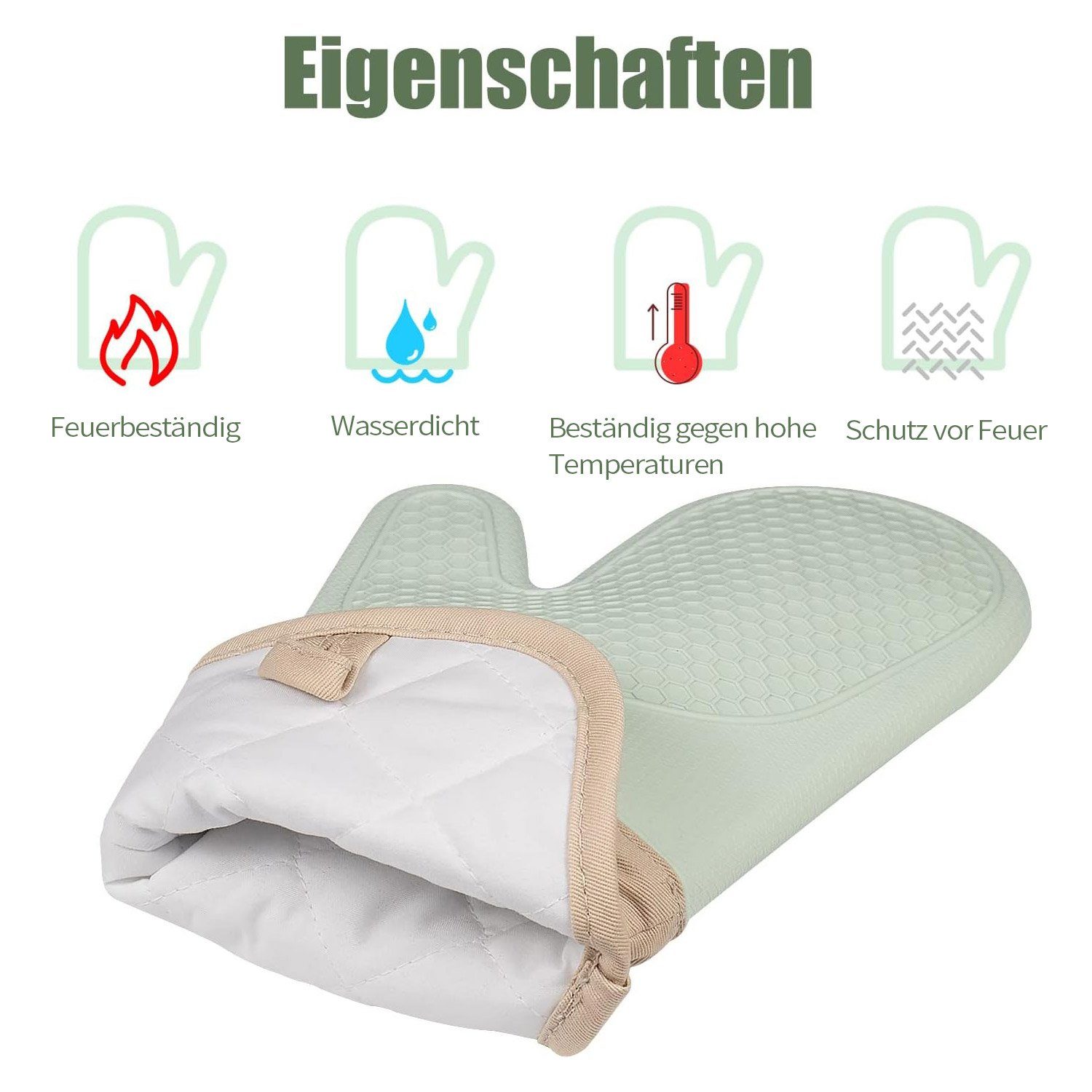 MAGICSHE Topfhandschuhe Silikon Ofenhandschuhe mit Küchenhandschuhe Hitzebeständige grün Baumwollfutter