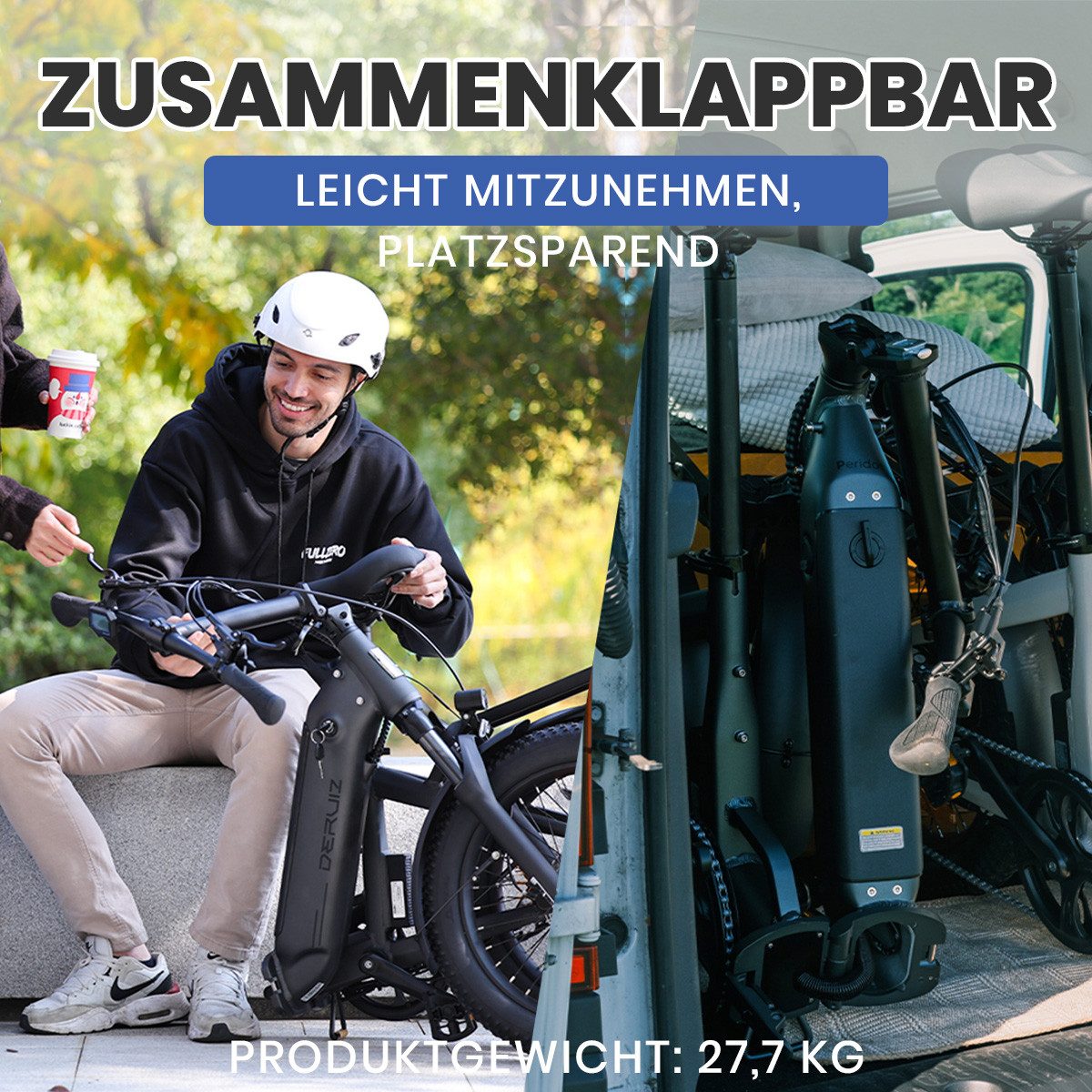DERUIZ E-Bike Faltrad 20 Zoll, max. 140km, Federsattelstütze, mit Bluetooth, 5 Stufen, 8 Gang SHIMANO SHIMANO ALTUS 11-32T Schaltwerk, Kettenschaltung, Heckmotor, 500 Wh, (mit Akku-Ladegerät, mit Werkzeug), RH:36cm, Bremslicht, Gepäckträger (max.50kg), hydraulische Bremsen