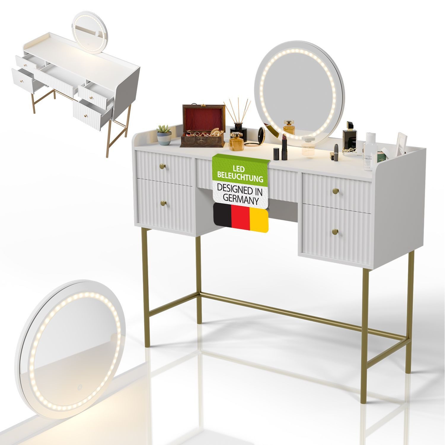 Juskys Schminktisch Samira (1-St), Touch-LED-Spiegel, goldfarbene Beine, 5 Schubladen