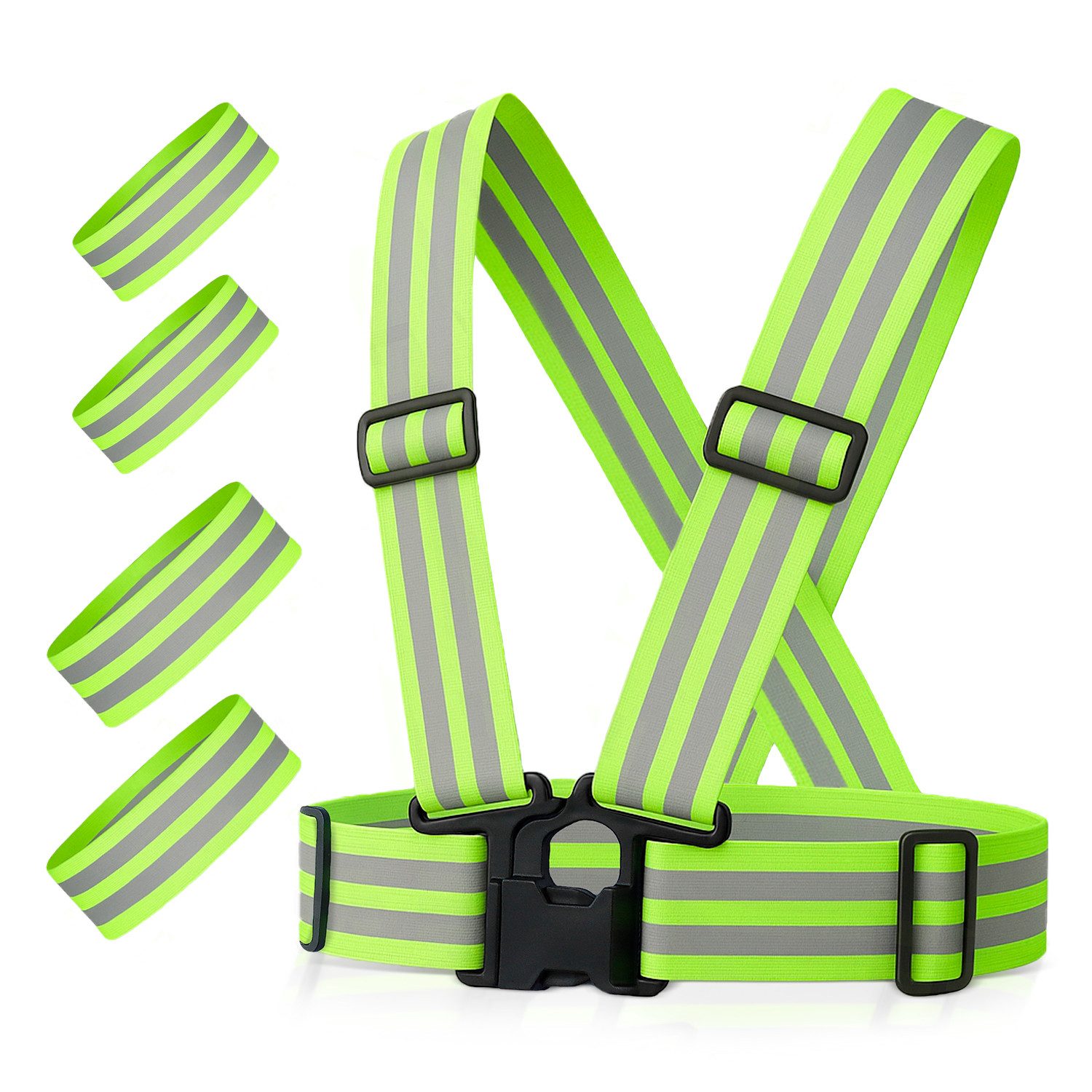 FLEXEO Reflektorband Warnweste und 4 Reflektorbänder, (1 St), verstellbare Signalkleidung für Joggen Radfahren Wandern, gelb