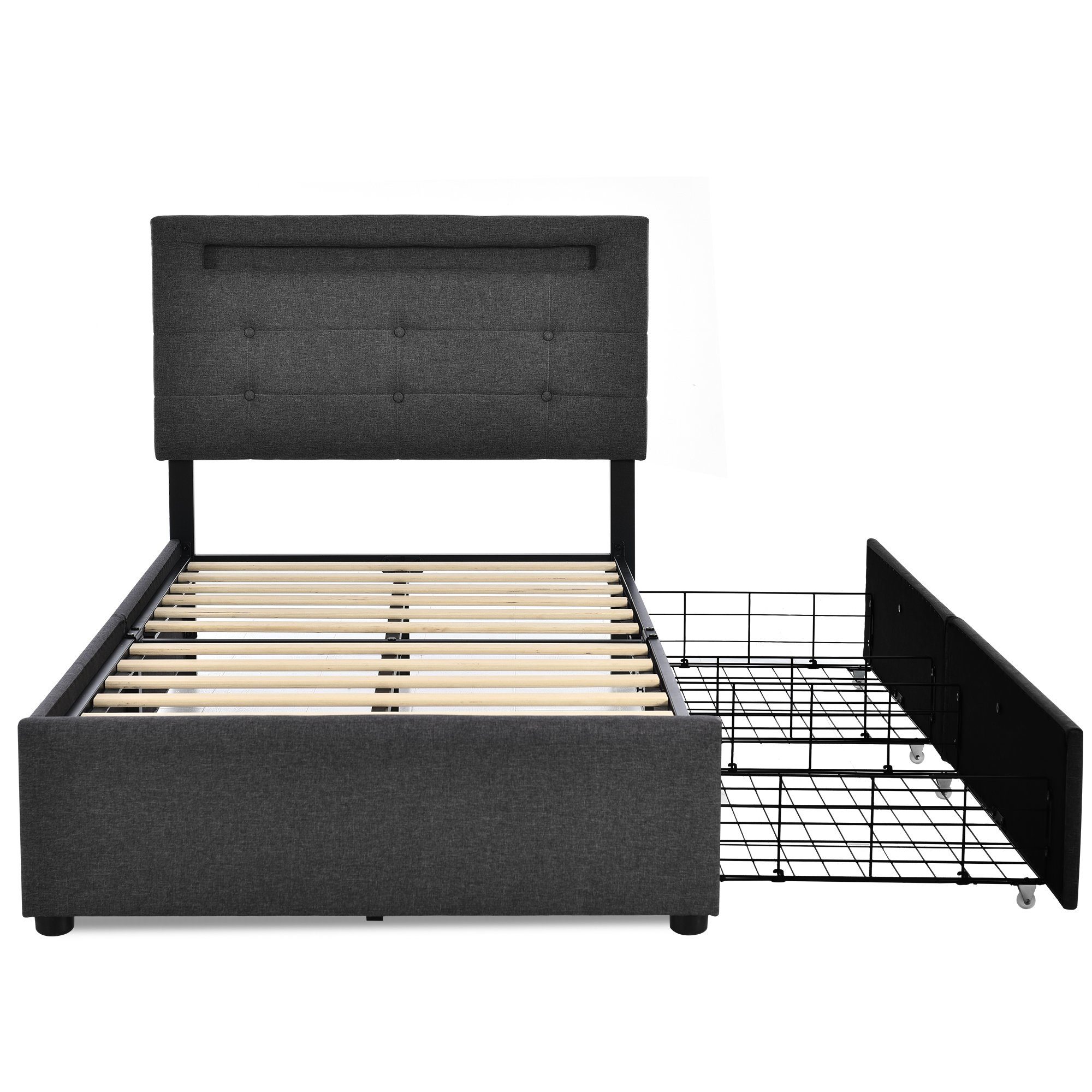 Polsterbett (mit LED-Beleuchtung, Fernbedienung und verstellbarem Kopfteil), Einzelbett mit Lattenrost, 2 Schubladen, Leinen, 90x200cm Bett