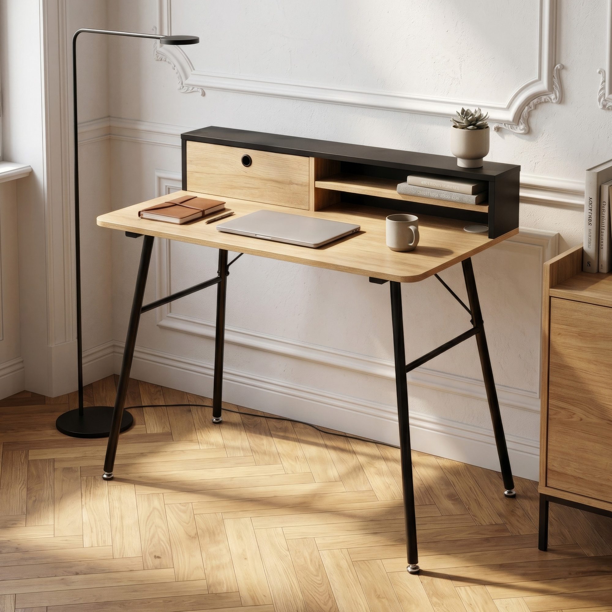 en.casa Schreibtisch, »Var« 2 Fächer 1 Schublade 93x90x50 cm Schwarz/Eicheoptik