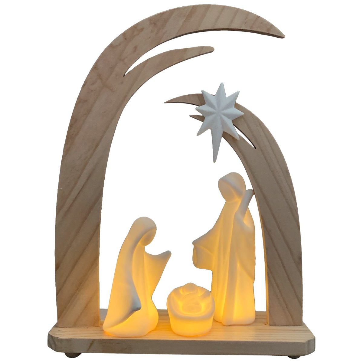 matches21 HOME & HOBBY Krippe Krippe Weihnachtsfiguren aus Holz, Tischkrippe weiß in 21 cm, Weihnachtskrippe minimalistisch LED beleuchtet mit Batterie
