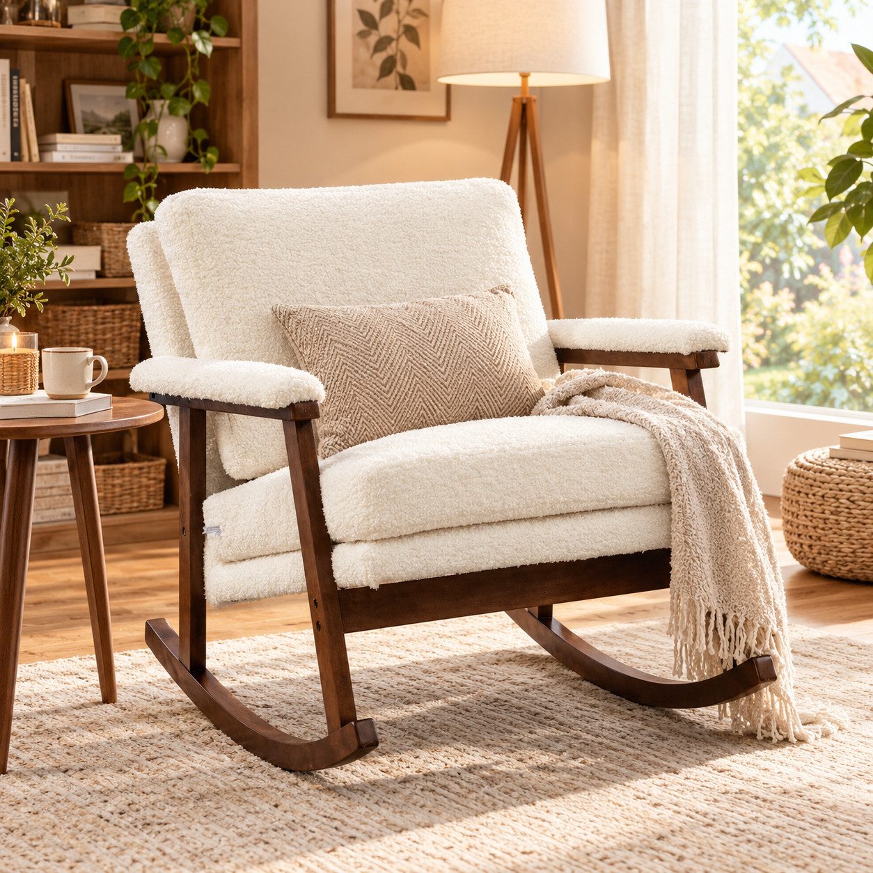 KLAM HOME Schaukelstuhl Mid-Century Schaukelstuhl mit Holzgestell und edlem Samtbezug (Komfortabler gepolsterter Lesesessel für Wohn- und Schlafzimmer), Stilvoller weißer Schaukelstuhl, perfekt zum Entspannen und Lesen