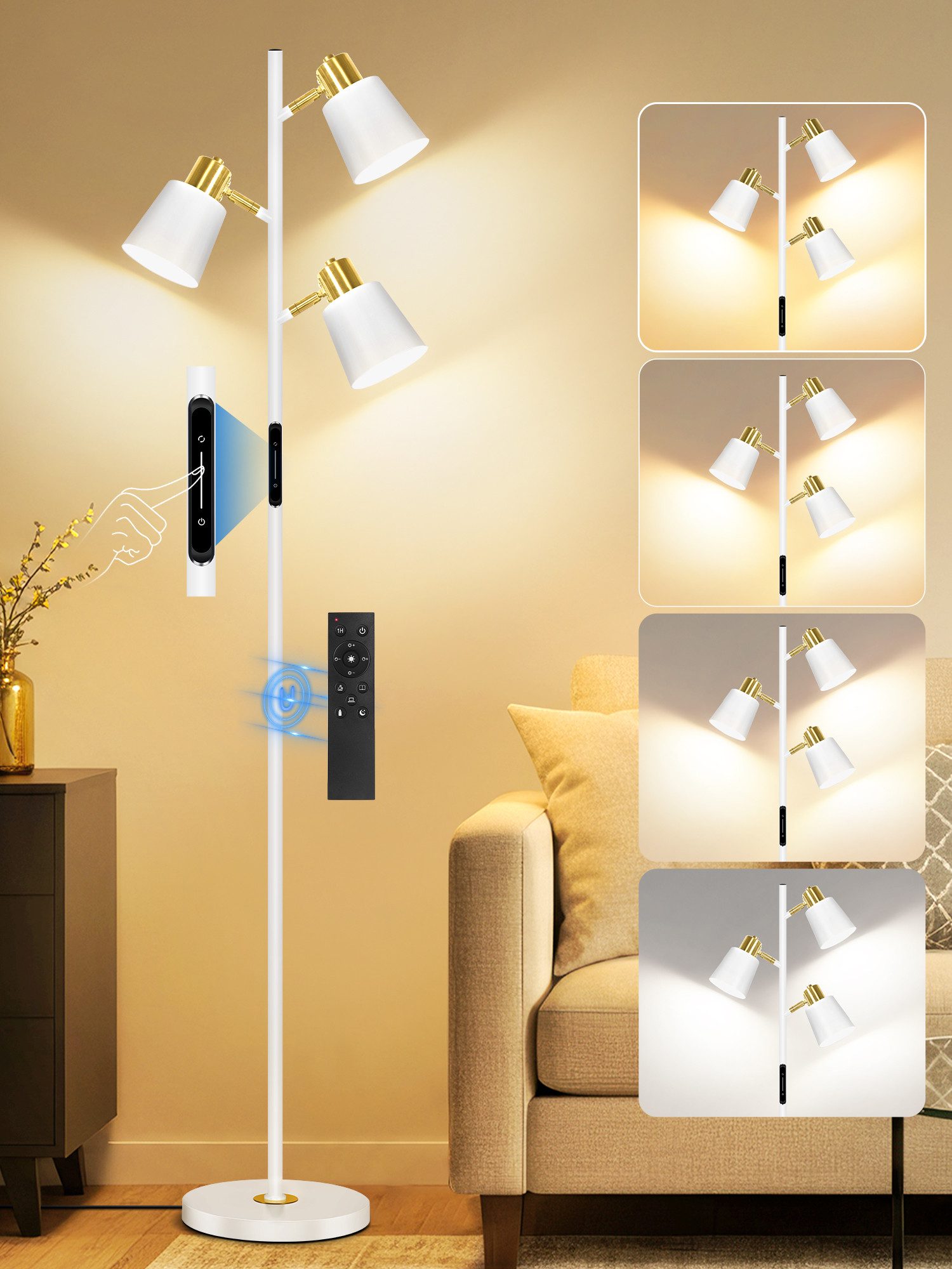 OUTON Stehlampe Dimmbare Stehlampe mit 3 Köpfen, Touch & Fernbedienung, 3000-6500K, LED wechselbar, 2.5kg Basis, weiß