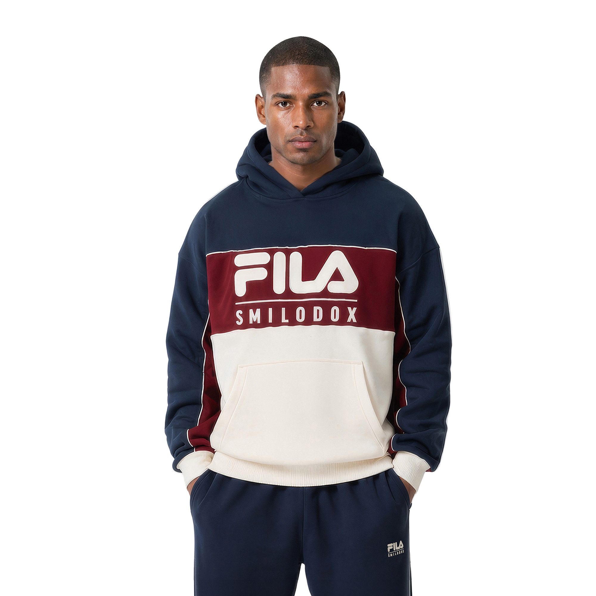 Smilodox Hoodie Tremiti Herren, FILA Pullover Oversize, Logo, Streetwear FILA Kollaboration, Baumwolle, Side Stripes, Kapuze
