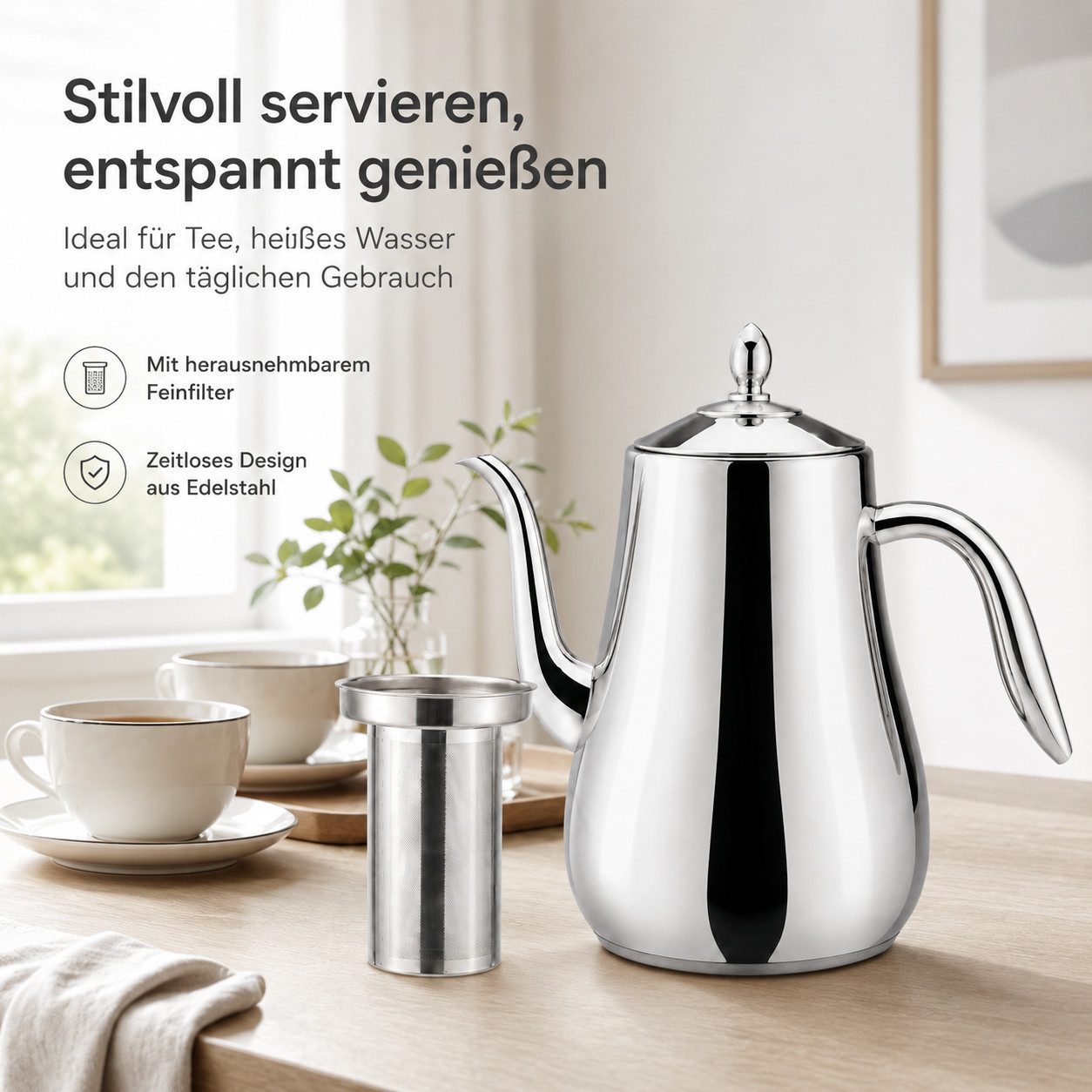Tekoo Teekanne Edelstahl Wasserkessel 1,55 L, Schwanenhals-Auslauf, mit Filter, Schwanenhals, Inkl. Feinfilter, Induktionsgeeignet, Dampfaustritt