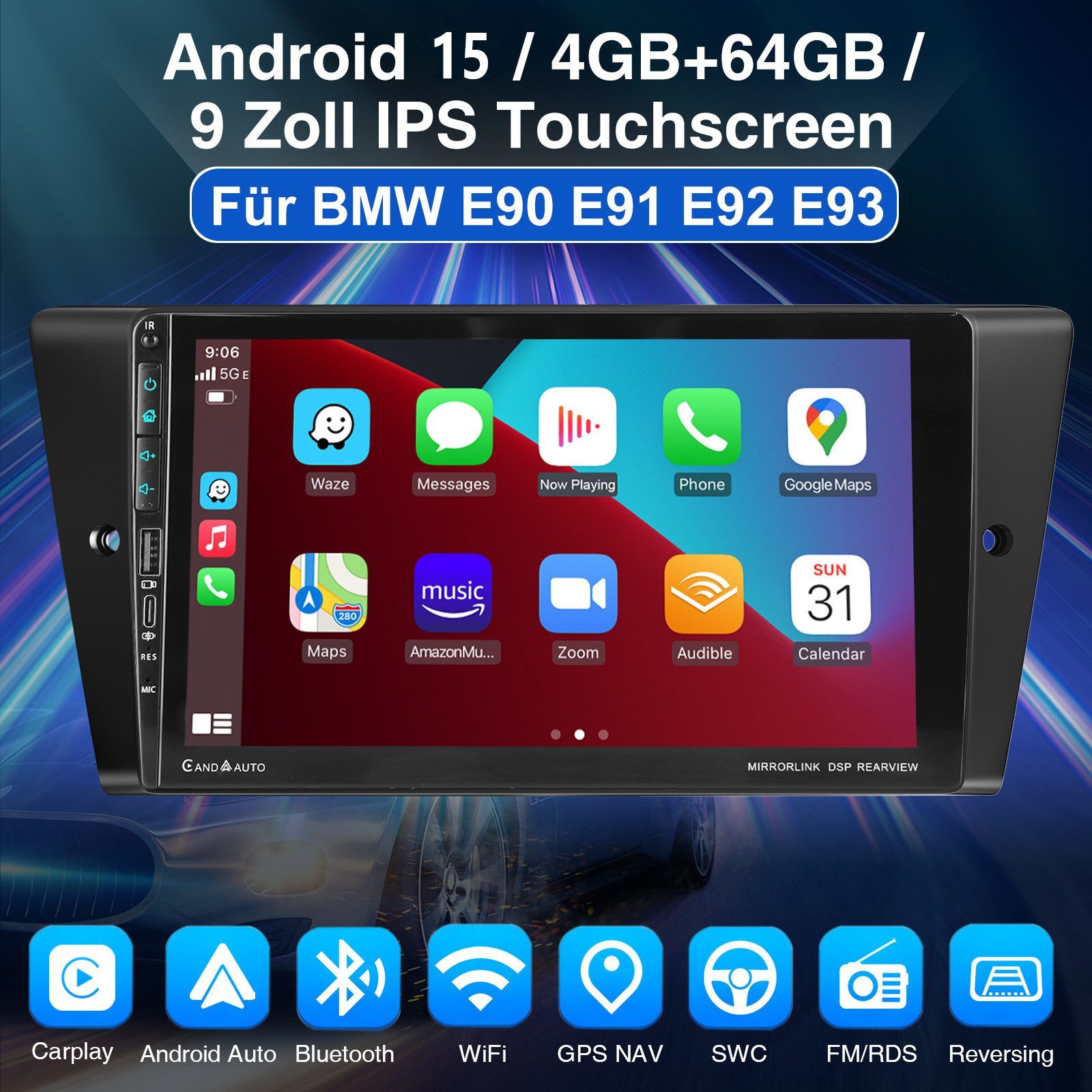 ESSGOO Für BMW 3ER E90 E91 E92 E93 Carplay RDS Android 15 Autoradio GPS Navi Autoradio (RDS, 4+64GB(optional), DAB (optional), FM, AM, DAB+ (optional), Carplay Android Auto Bluetooth EQ USB GPS Navi WIFI Touchscreen)