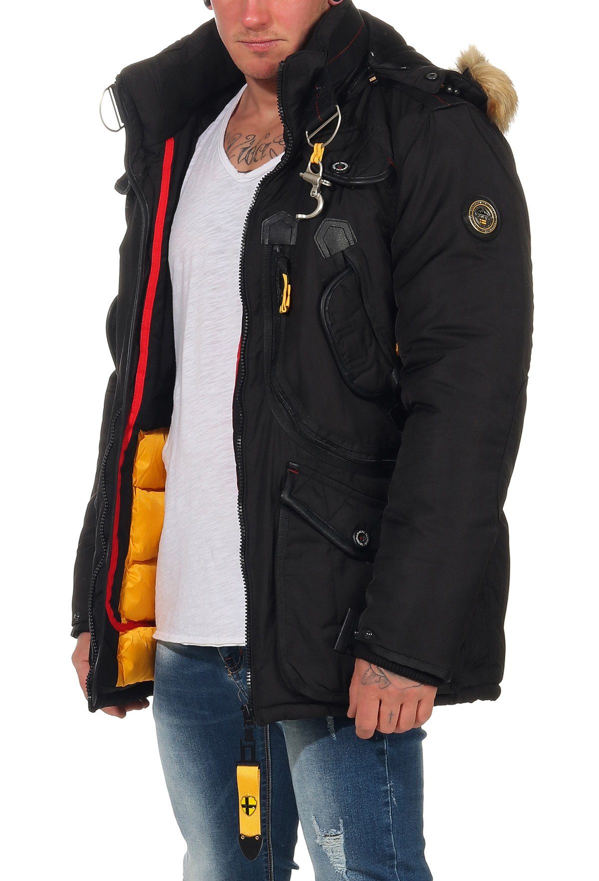 Geographical Norway Winterjacke Herren Multifunktionsparka mit modischem Design in Unifarbe, mit abnehmbarer Kapuze, mit zahlreichen Außentaschen