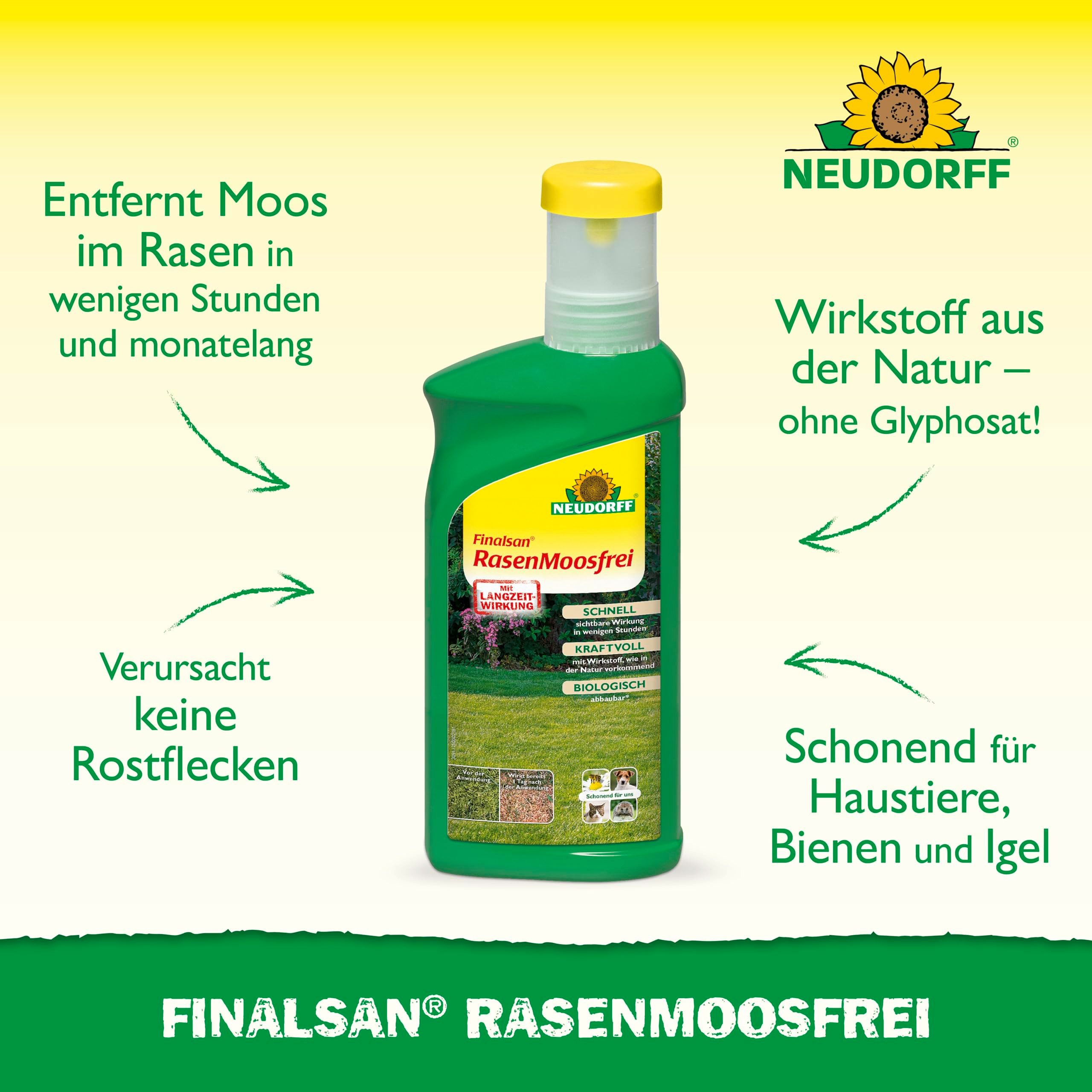 Neudorff Unkrautbekämpfungsmittel Finalsan RasenMoosfrei 500 ml Rasenmoosvernichter für 30 m², 500 ml, schonend für Haustiere, Bienen und Igel, ohne Eisen, monatelange Dauerwirkung, bekämpft effektiv und schonend Moos im Rasen