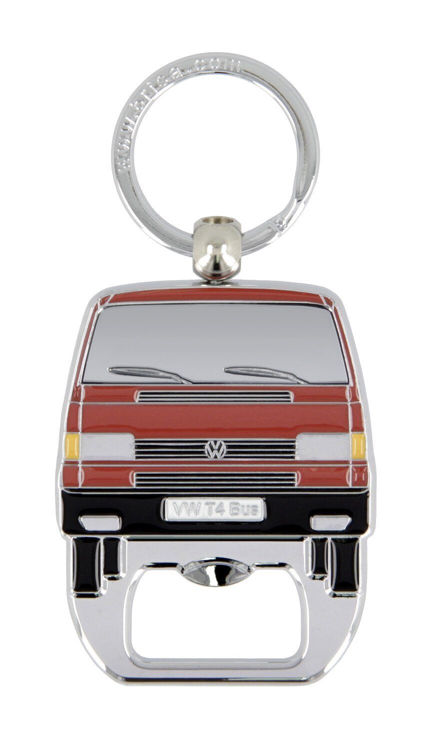 VW Collection by BRISA Schlüsselanhänger Volkswagen Schlüsselring mit Flaschenöffner im T4 Bulli Bus Design, Integrierter Flaschenöffner Rot