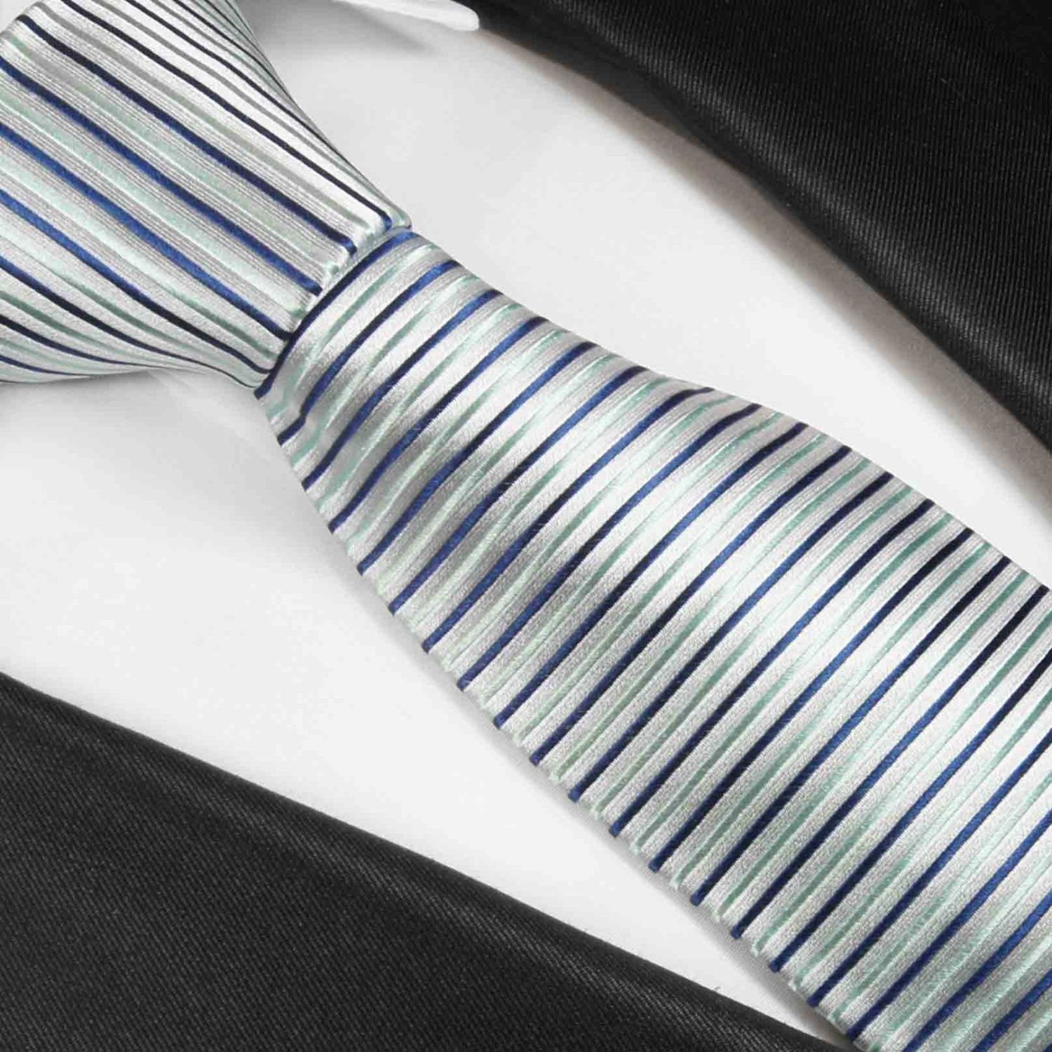 100% Schlips modern silber Herren Krawatte Breit Designer Seidenkrawatte Malone Seide gestreift Paul blau 429 (8cm),