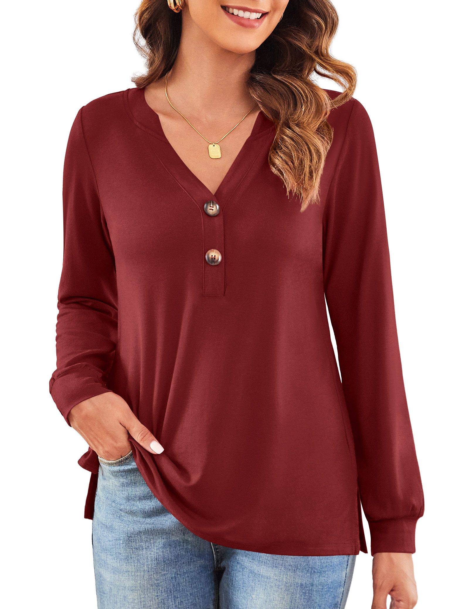 Beluring Langarmshirt Damen T-Shirt Elegante V-Ausschnitt Bluse, Locker & E günstig online kaufen