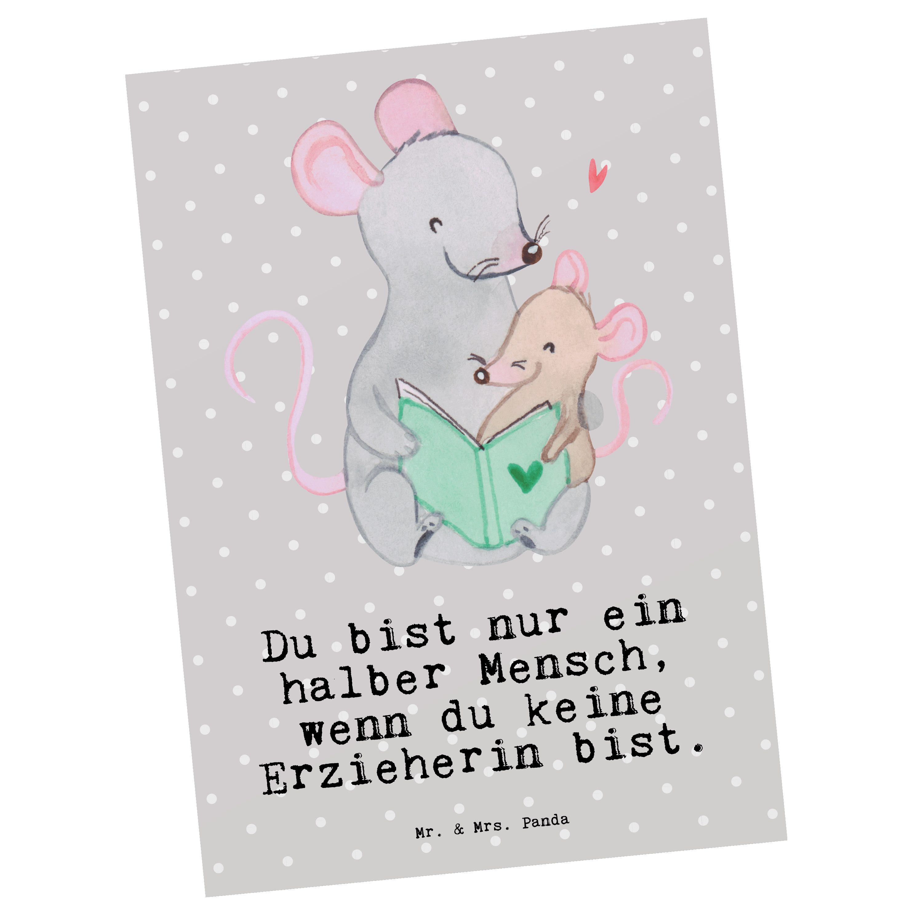 Mr. & Mrs. Panda Postkarte Erzieherin mit Herz - Grau Pastell - Geschenk, Arbeitskollege, Einlad